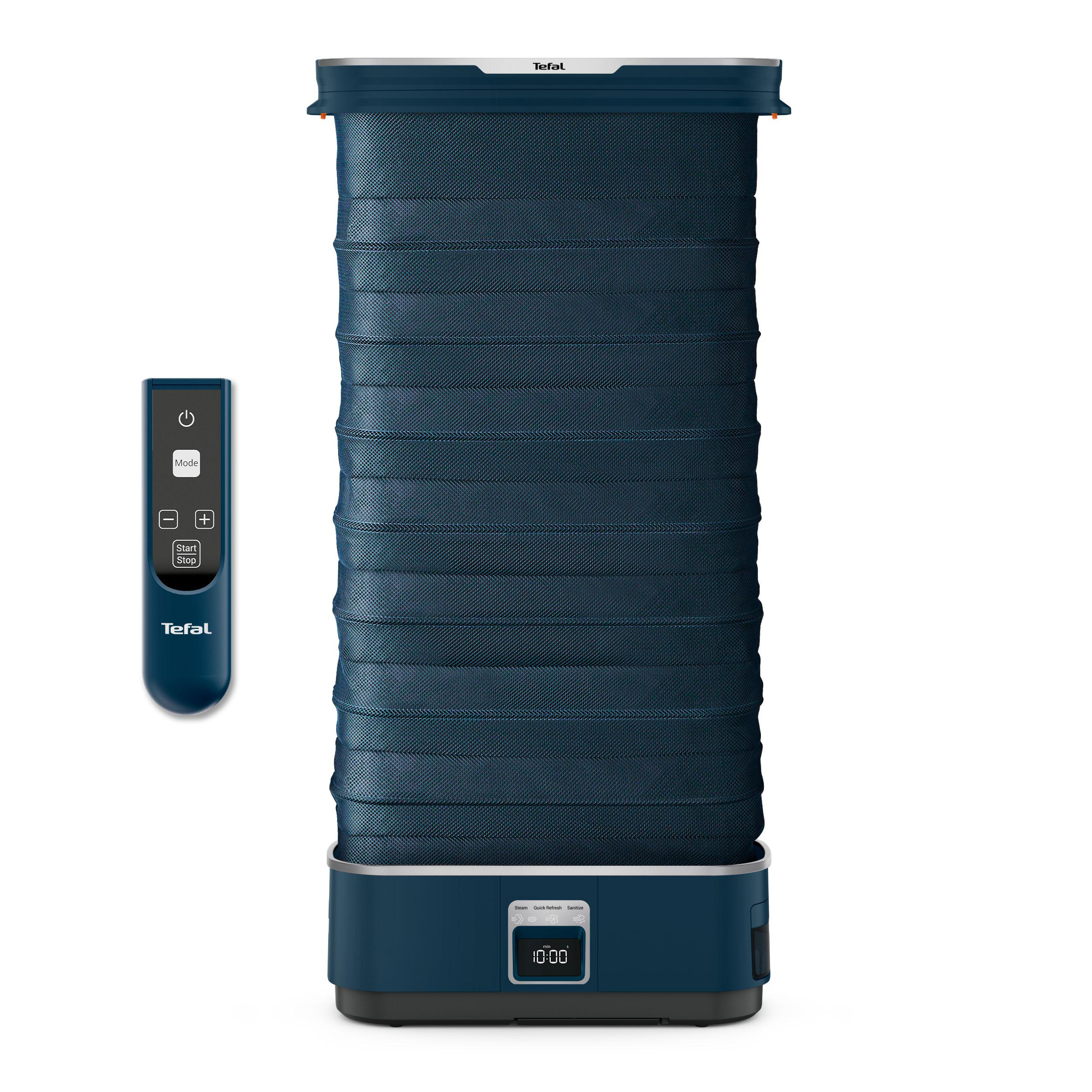 Tefal-Lebensmitteltrockner, blau und weiß, mit Fernbedienung, auf Weiß.