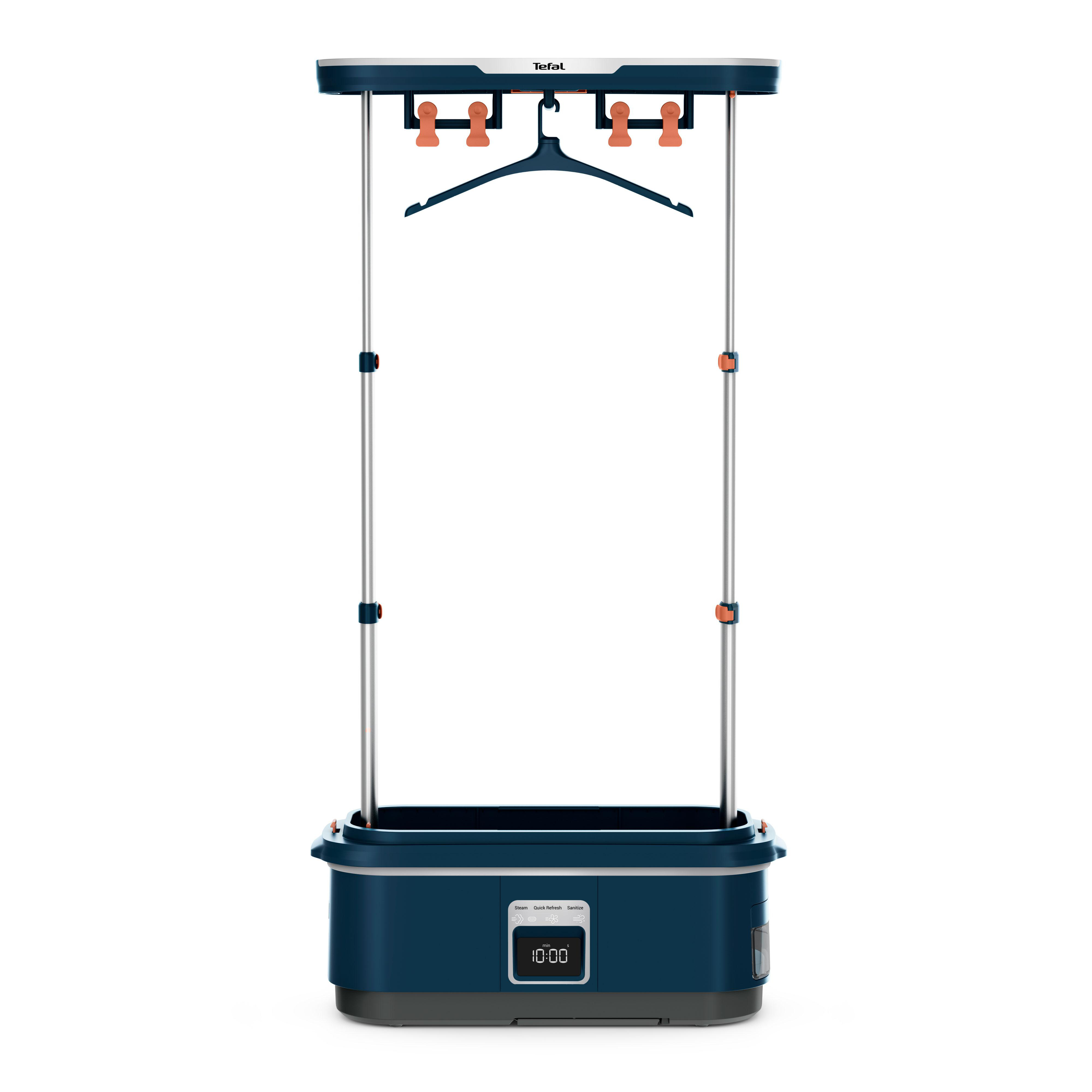 Tefal-Kleidungsdampfer. Blaue Basis, silberne Stangen und orangefarbene Akzente.