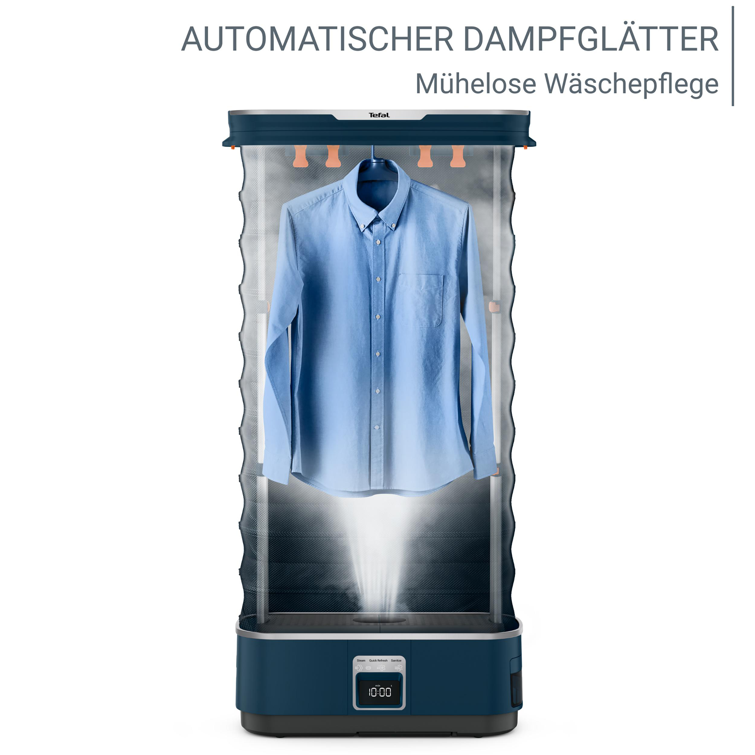 Ein blaues Hemd hängt in einem blauen und dunkelgrauen Dampfgarer mit Dampf. Text oben lautet 'Automatischer Dampfglätter'.