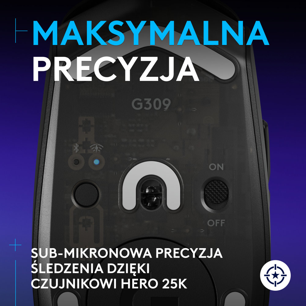 Zbliżenie czarnej myszki do gier. Tekst brzmi 'maksymalna precyzja' i 'G309'.
