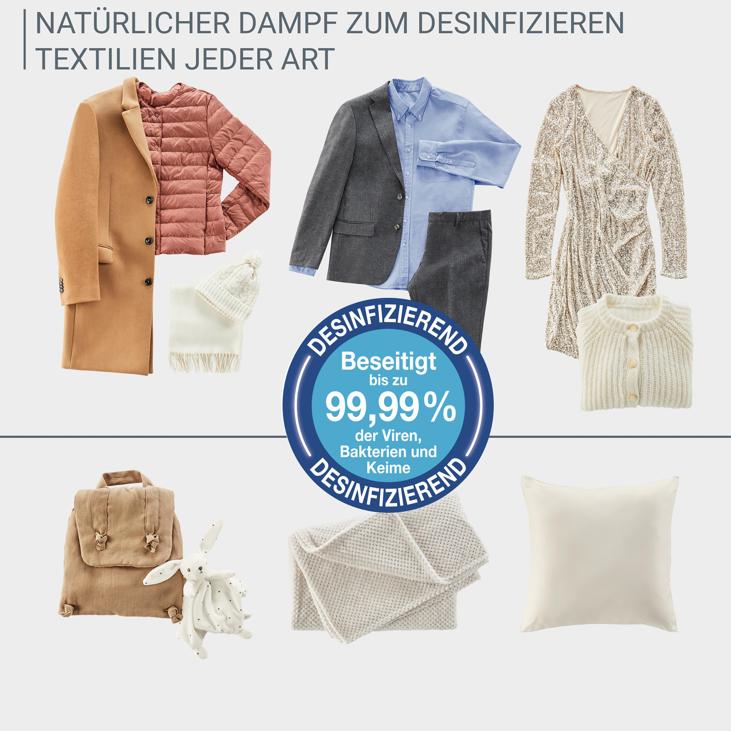Kleidung: Mantel, Jacke, Hemd, Kleid, Rucksack, Kissen usw., mit einem 99,99% Desinfektionslogo.