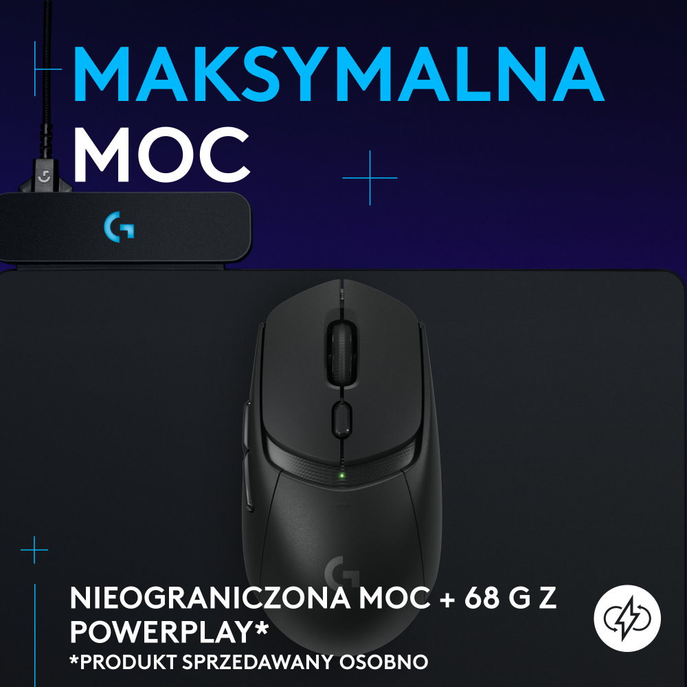 Czarna mysz na czarnej podkładce. Górny tekst: „MAKSYMALNA MOC”. Dolny tekst: „NIEOGRANICZONA MOC + 68 G Z POWERPLAY”.