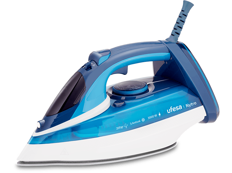 REACONDICIONADO Seminuevo Muy bueno Plancha de vapor - Ufesa Nytro, 3000W, Golpe 200g, 450 ml, Triple sistema antical, Planchado vertical, Azul