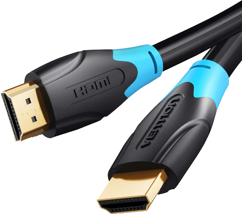 Egy fekete-kék HDMI kábel arany csatlakozókkal, sötét háttérben.