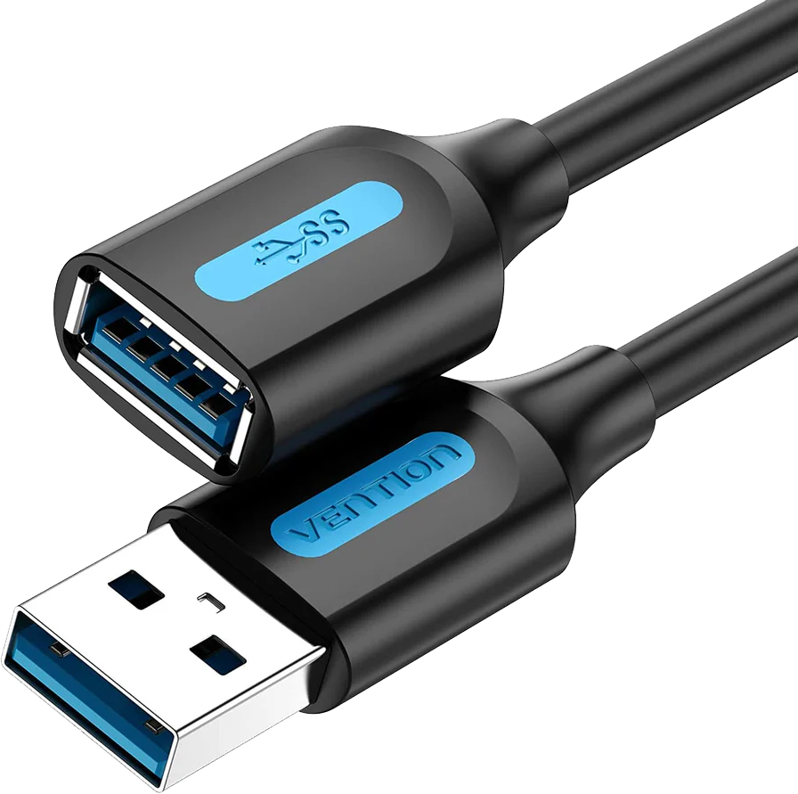 Egy fekete USB kábel kék díszítésekkel. Láthatók az USB és USB-C csatlakozók.