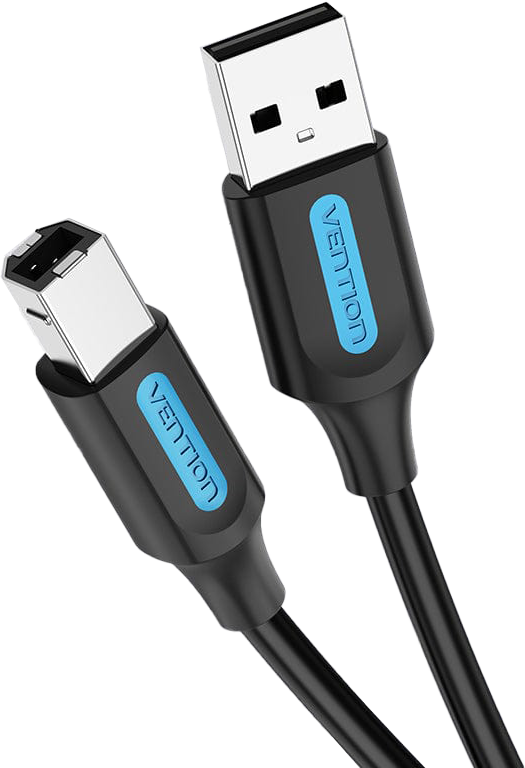 Két fekete USB-kábel kék VENTION feliratokkal, világoskék háttér előtt.