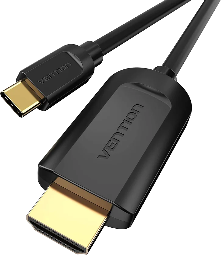 Egy fekete USB-C-HDMI kábel arany csatlakozókkal. A kábelen a VENTION szó szerepel.