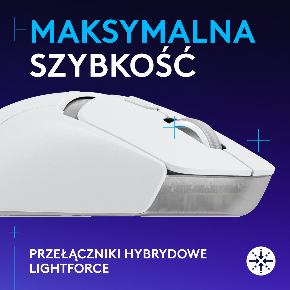 Biała i szara mysz z napisami 'MAKSYMALNA SZYBKOŚĆ' i 'PRZEŁĄCZNIKI HYBRYDOWE LIGHTFORCE'.