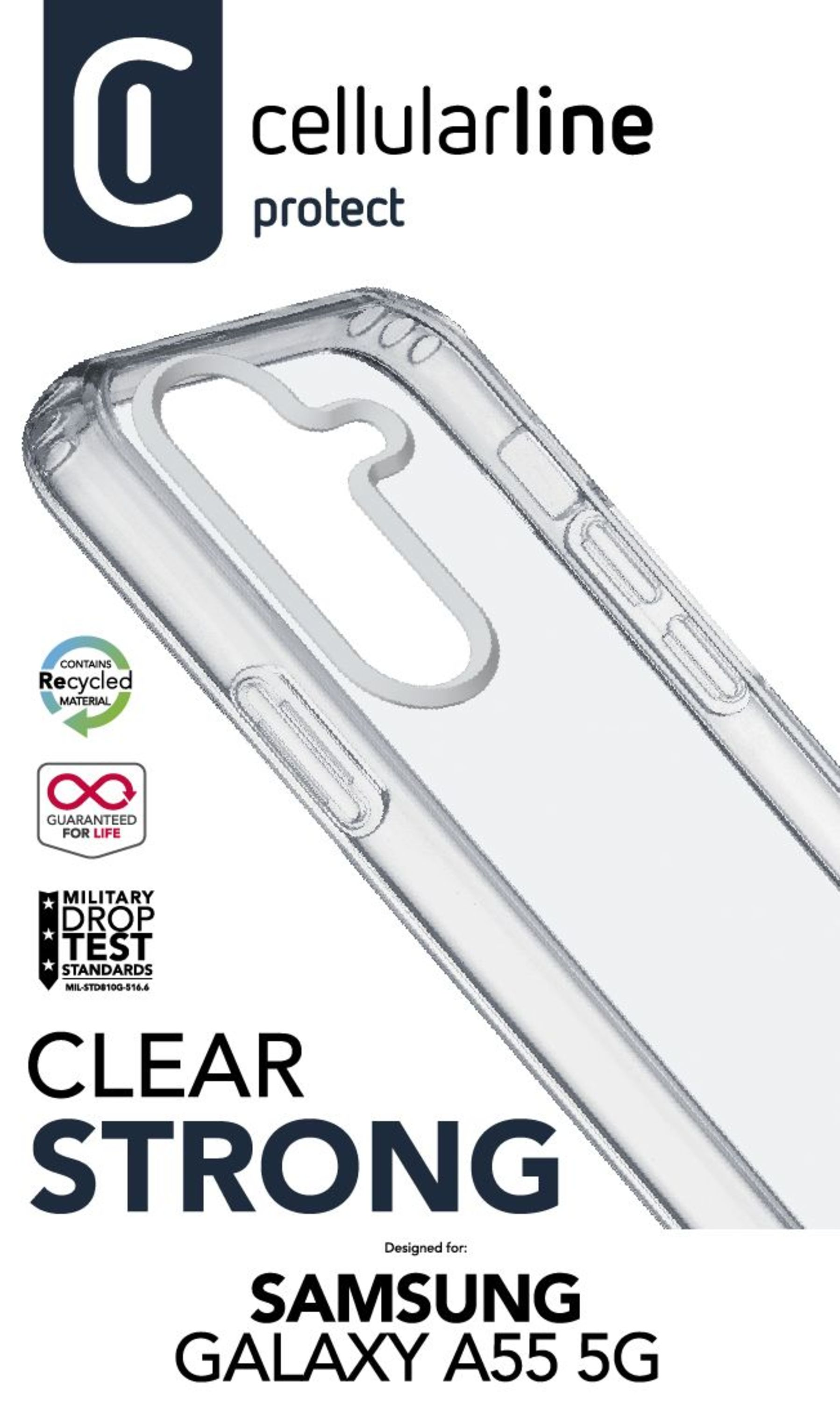 Şeffaf koruyucu telefon kılıfı. Geri dönüştürülmüş malzeme içerir. Samsung Galaxy A55 5G için.
