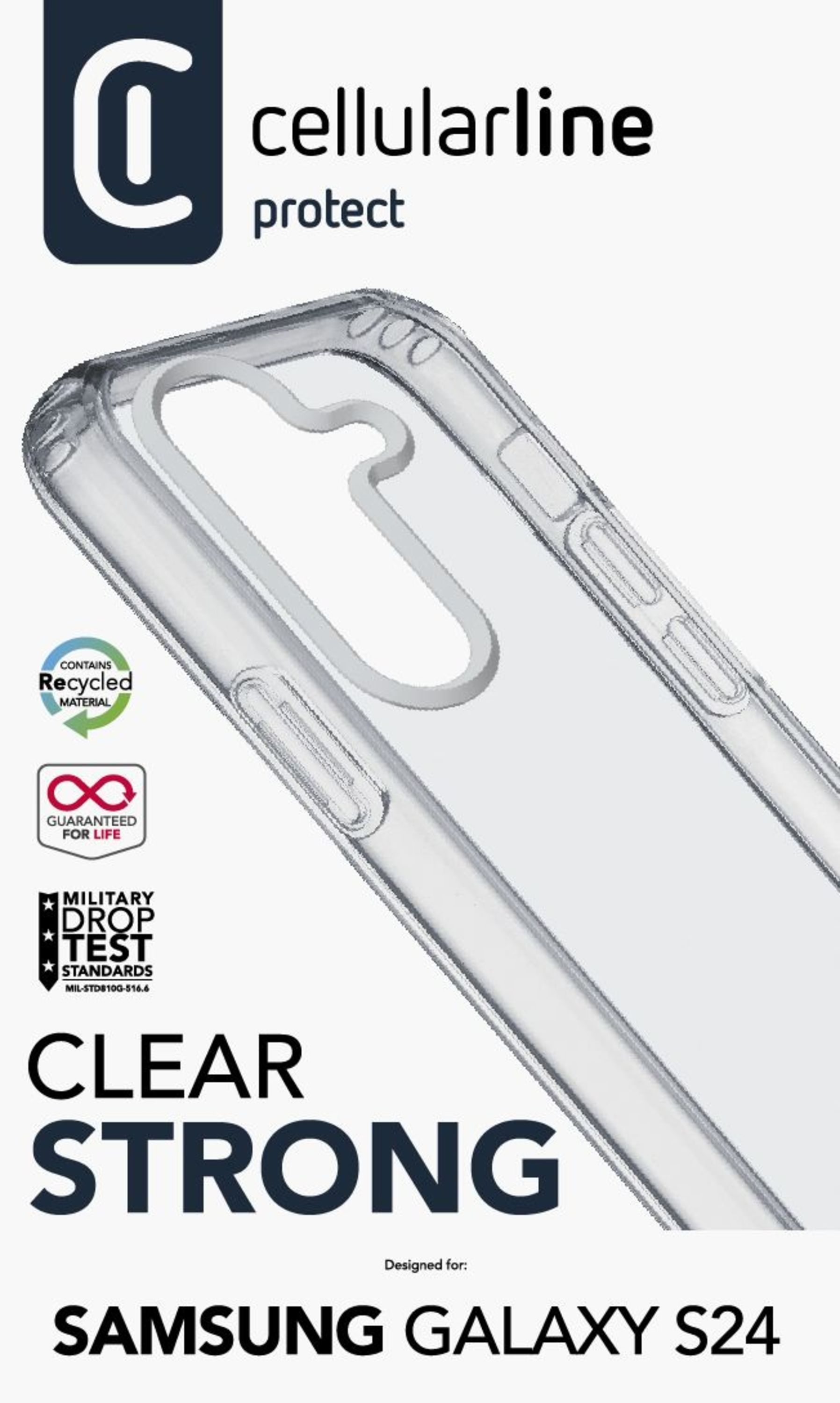 'CLEAR STRONG' yazılı ve Samsung Galaxy S24 logosu bulunan şeffaf bir telefon kılıfı.