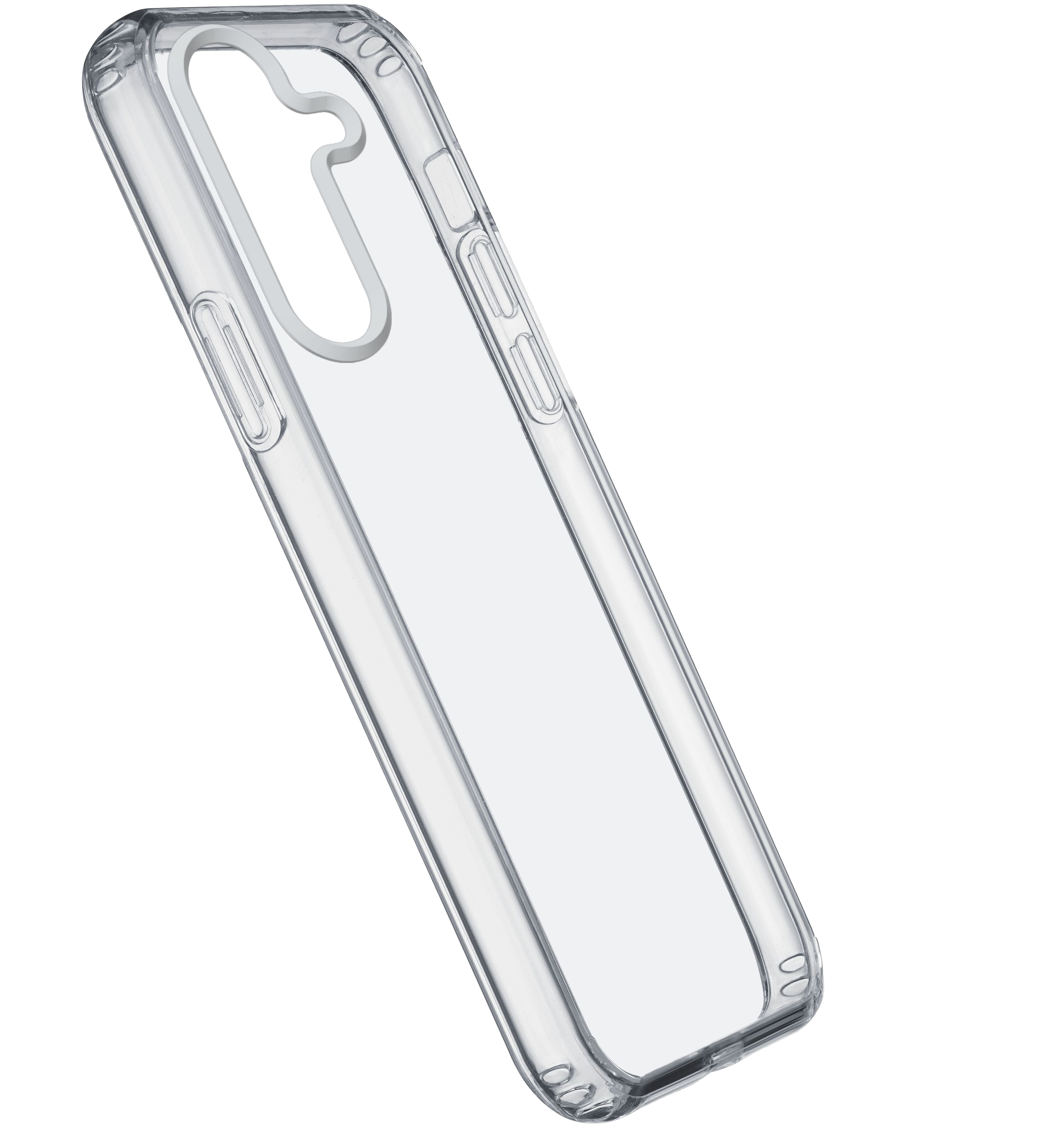 Şeffaf telefon kılıfı. Şeffaf, kamera ve düğmeler için kesikler ile. Siyah arka plan üzerinde açılı görünüm.