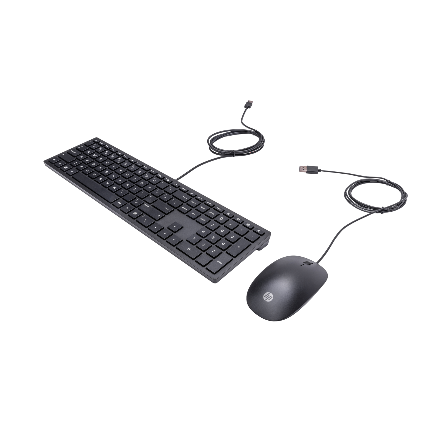Een zwarte toetsenbord- en muisset op een zwarte achtergrond. Beide zijn verbonden via USB-kabels.