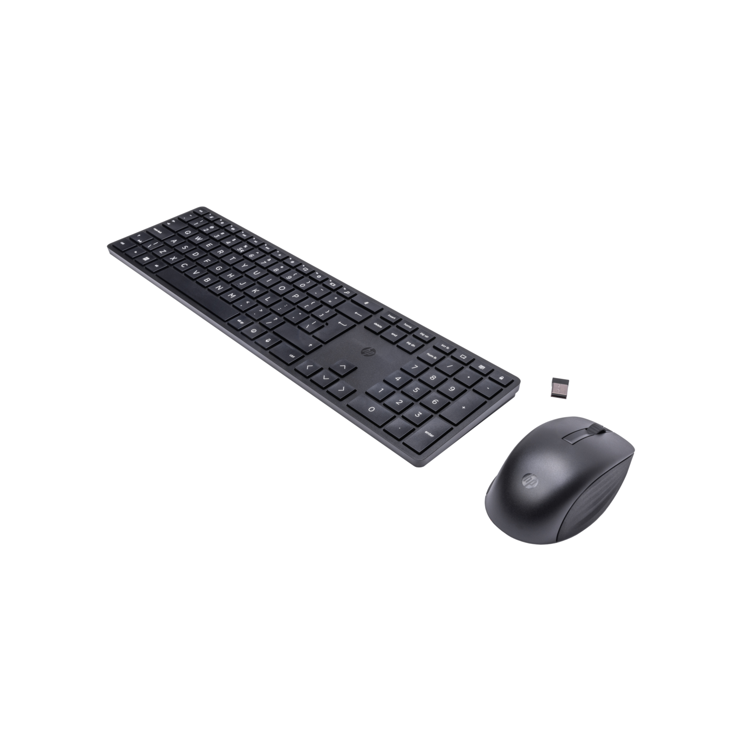 Black HP wireless keyboard and mouse combo. Isolated on a black background. Modern office equipment.