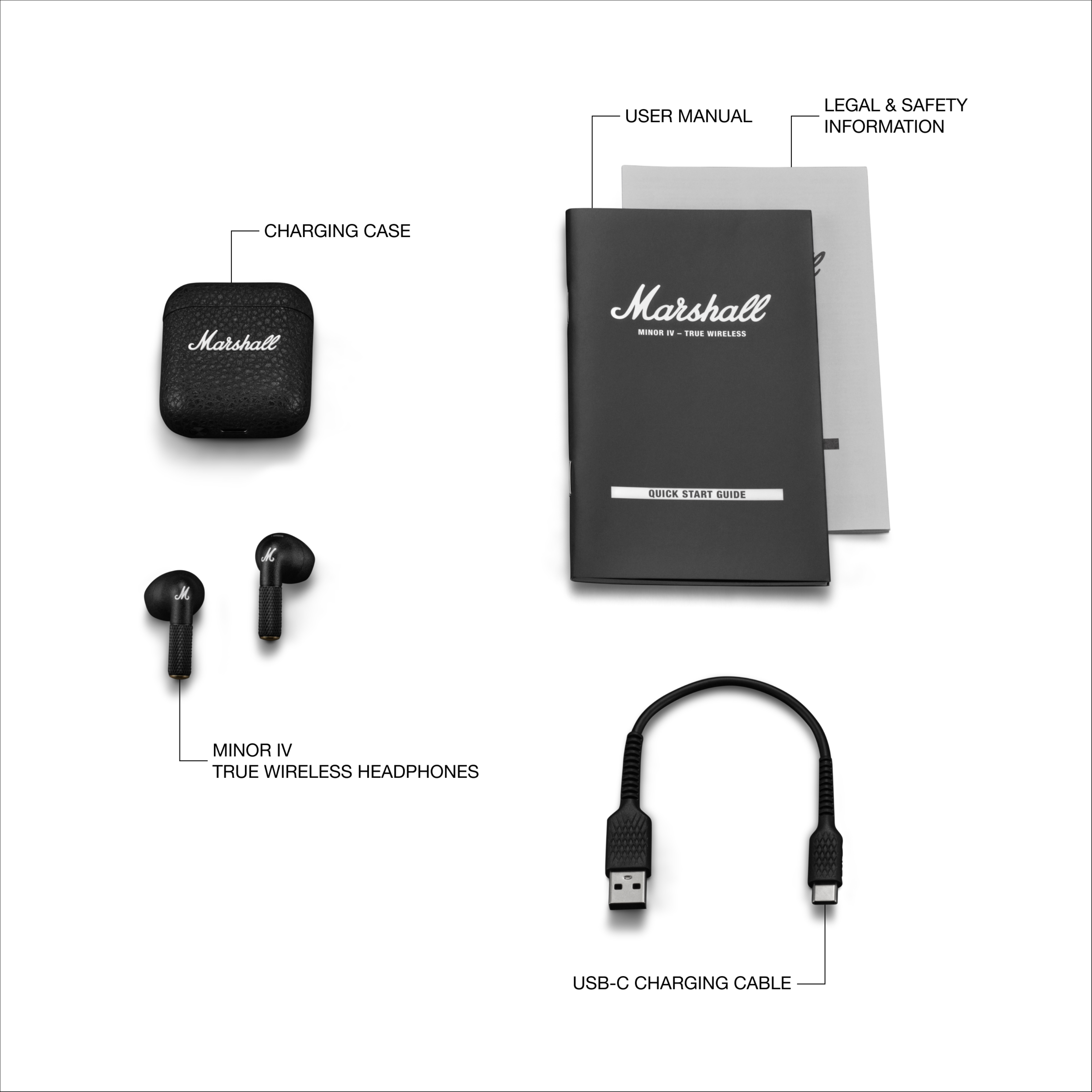 Marshall kulaklıklar, şarj kutusu, kablo ve kullanım kılavuzları.