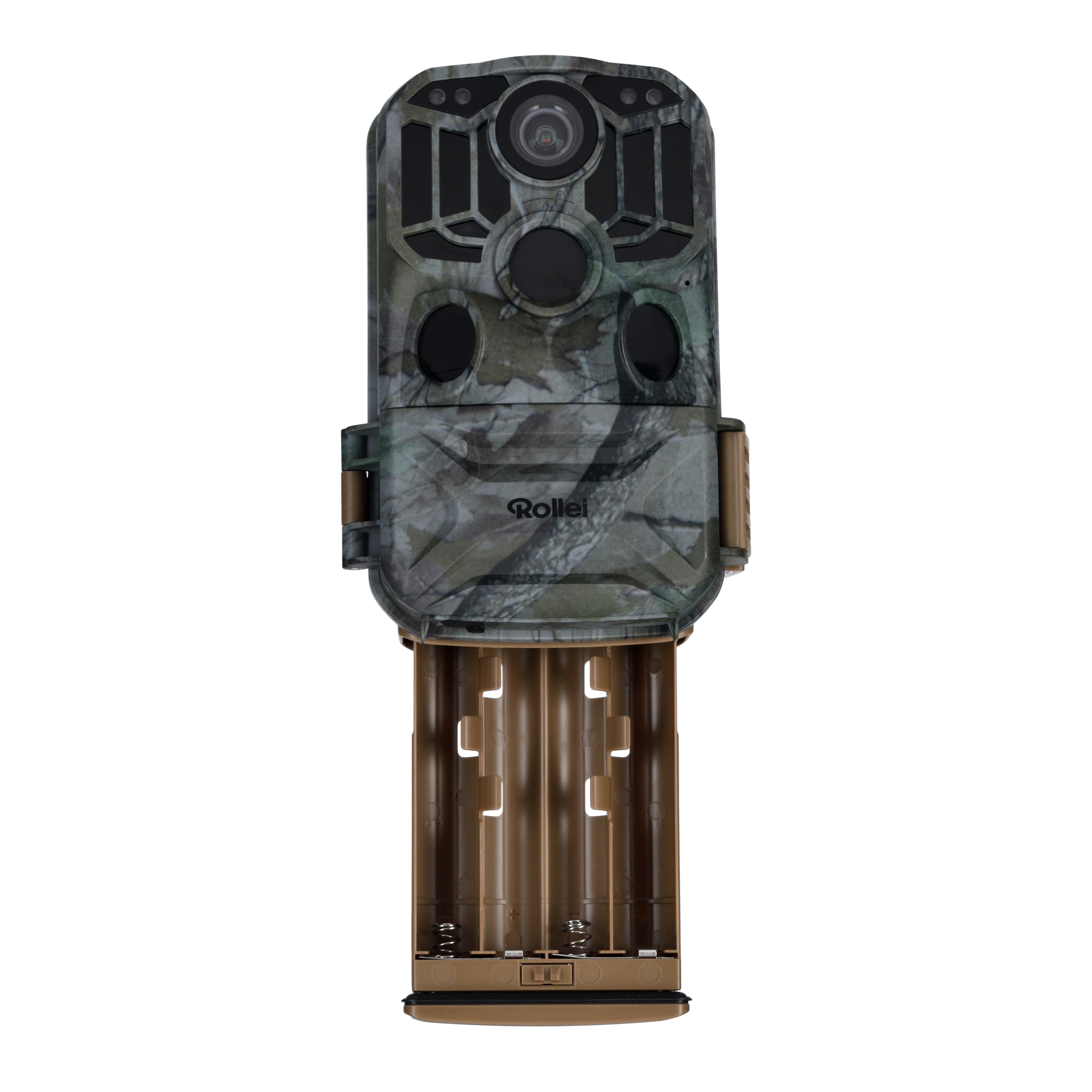 Tarn-Wildkamera mit freiliegenden Batterien. Weißer Hintergrund.