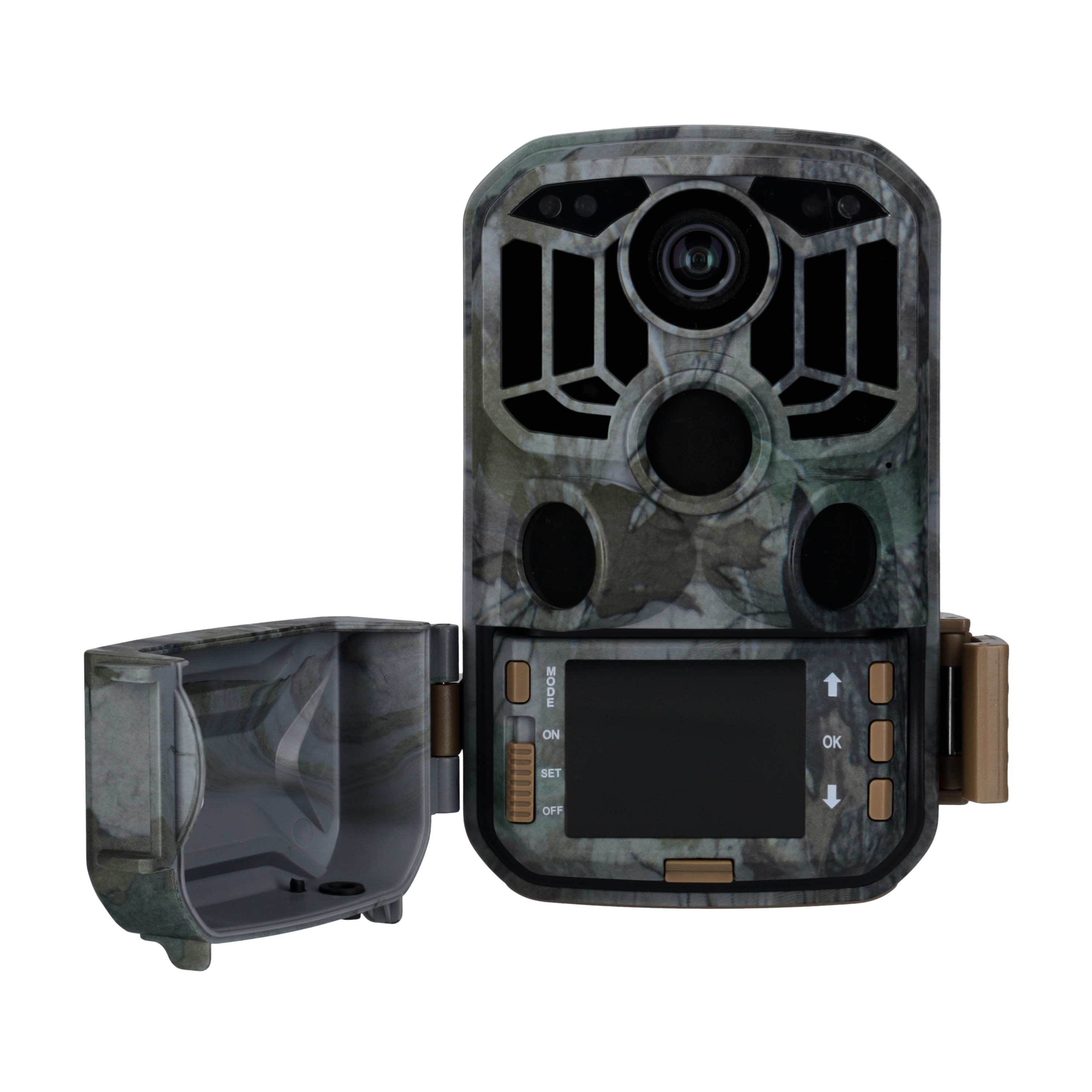 Tarnmuster-Wildkamera mit offenem Batteriefach, nach vorne gerichtet.