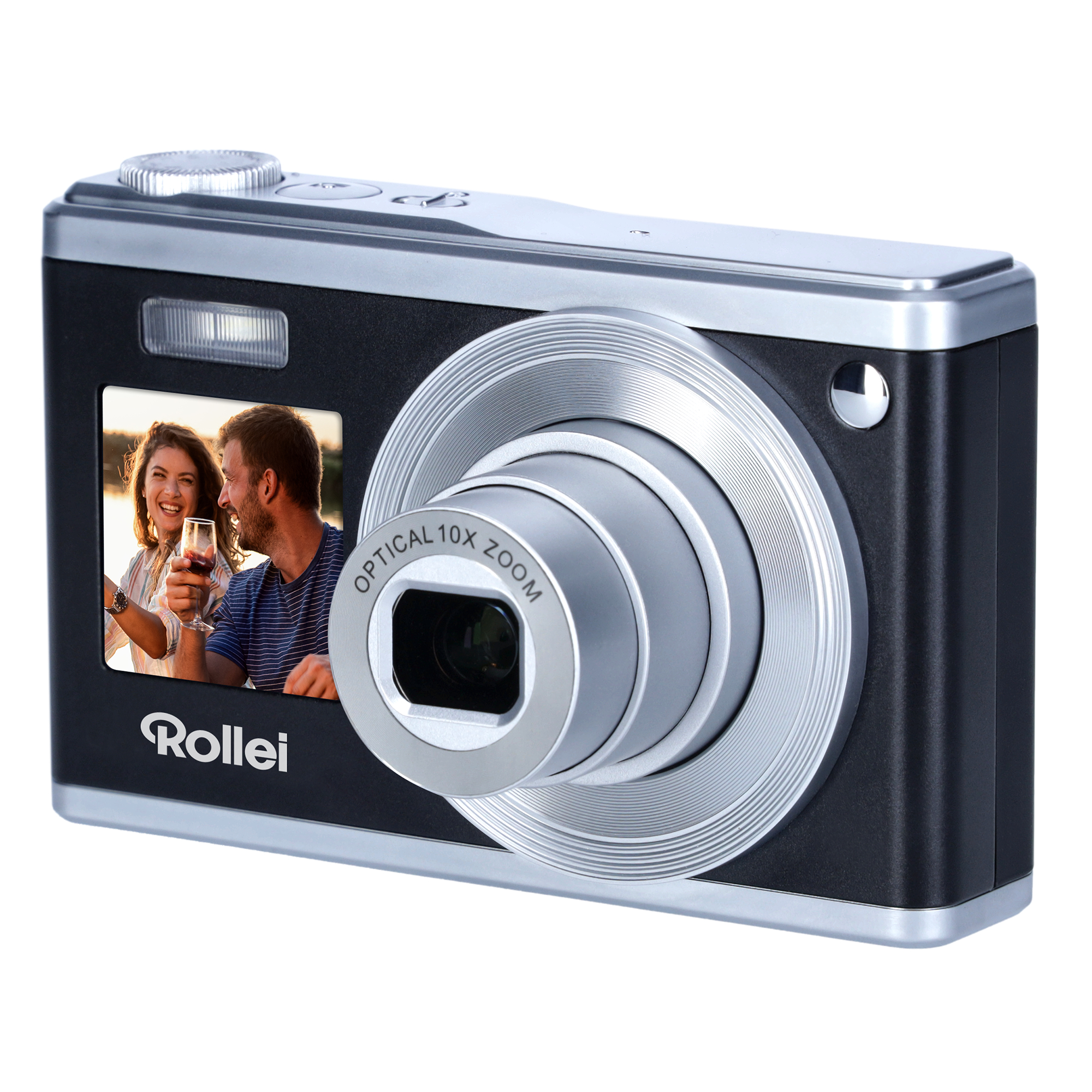 Schwarze und silberne Rollei Kamera, mit Bildschirm, der ein trinkendes Paar zeigt.