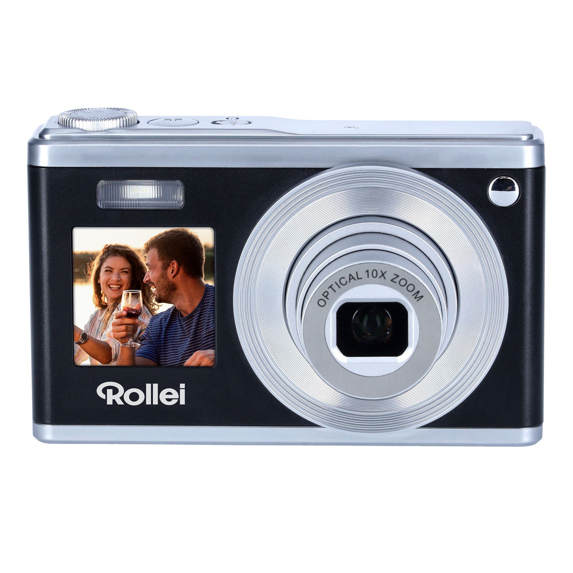 Eine schwarze und silberne Rollei-Kamera, die ein Paar mit Weingläsern zeigt. Die Kamera hat ein Zoomobjektiv.