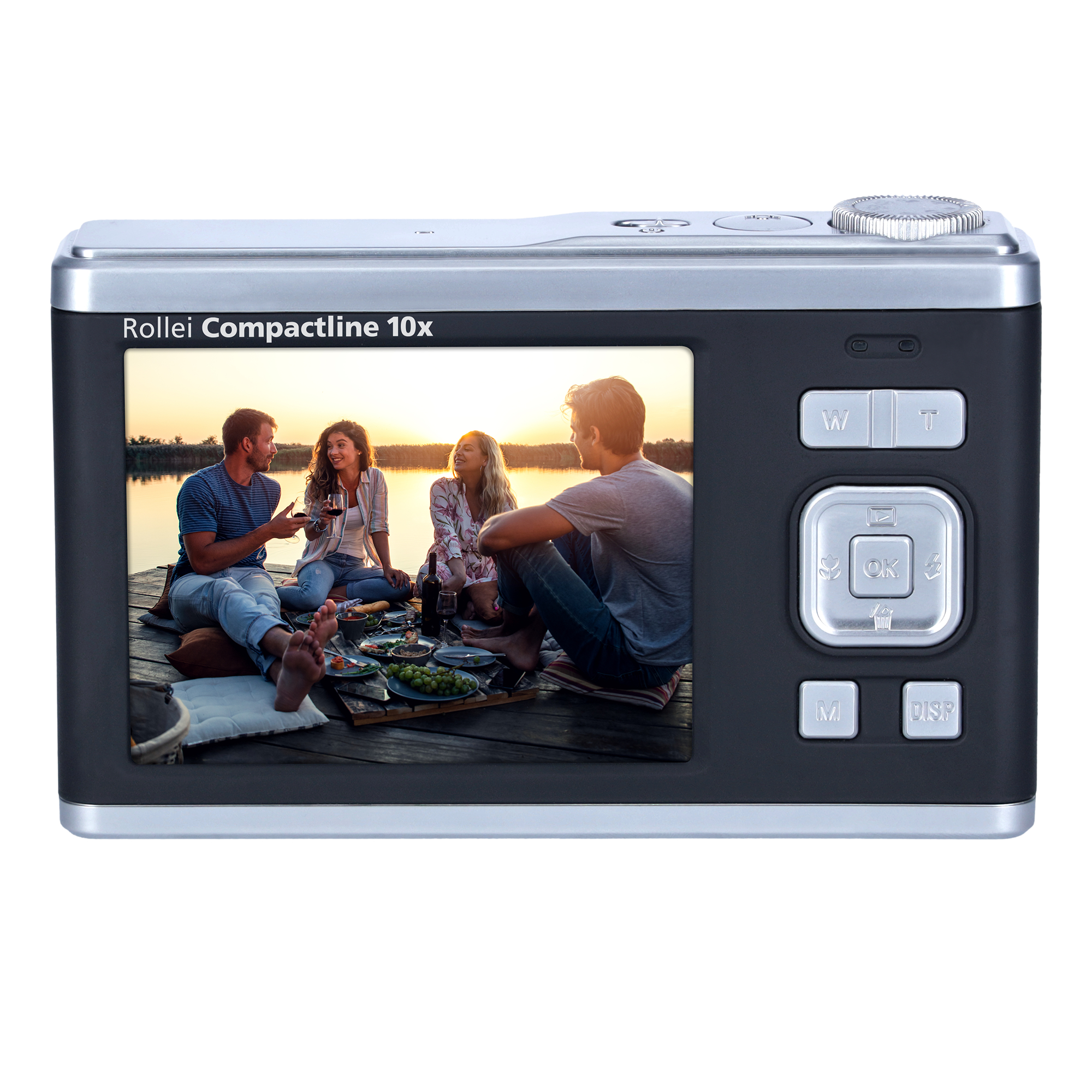 Eine silberne Rollei Compactline 10x Kamera, die ein Foto von Personen auf einem Steg zeigt.
