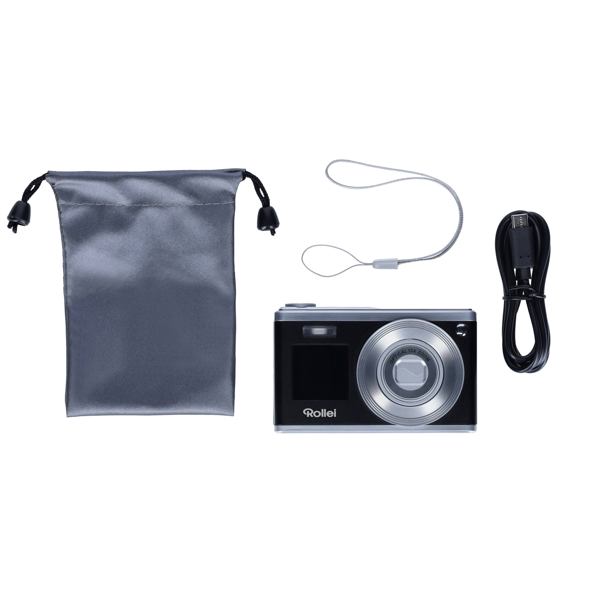 Rollei Kamera-Set mit Tasche, Riemen und Kabel auf weißem Hintergrund.