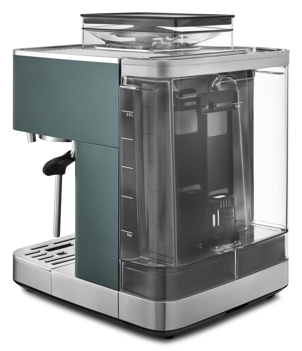 Eine teal-farbene und silberne Espressomaschine. Ein klarer Wasserbehälter.