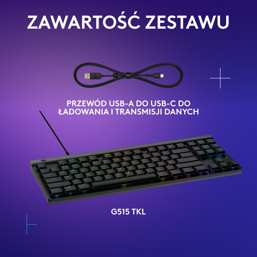 Czarna klawiatura, kabel USB na niebieskiej powierzchni z napisem: ZAWARTOŚĆ ZESTAWU.
