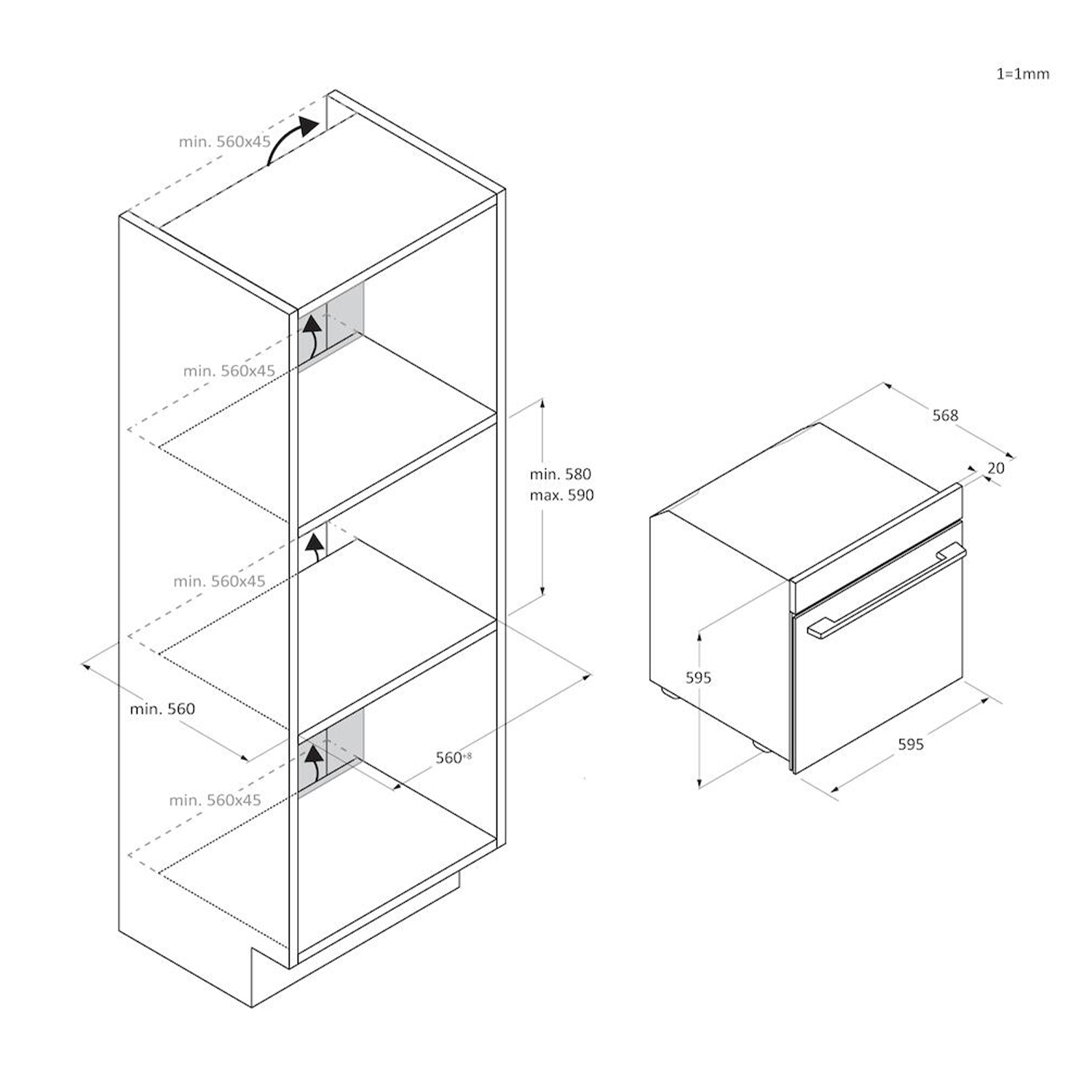 Disegno tecnico di un armadio, con dimensioni e misure.
