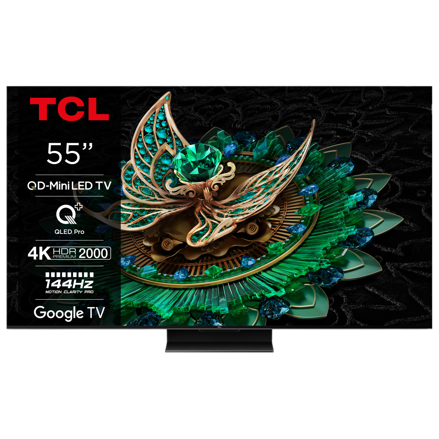TCL 55" TV met QLED, 4K, HDR 2000, 144Hz en Google TV-functies.