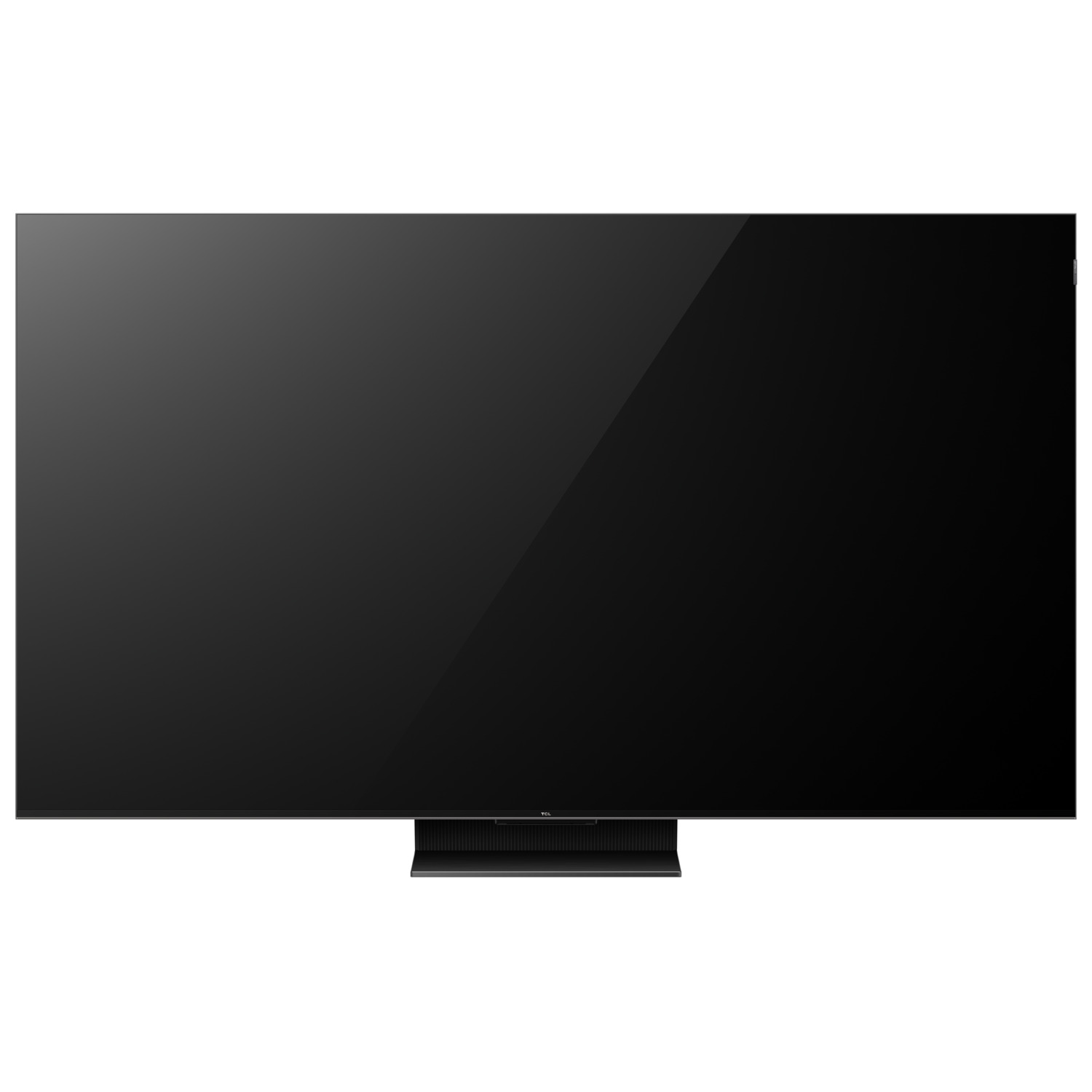 Grote zwarte tv met een standaard. Het scherm staat aan en geeft een zwart beeld weer.