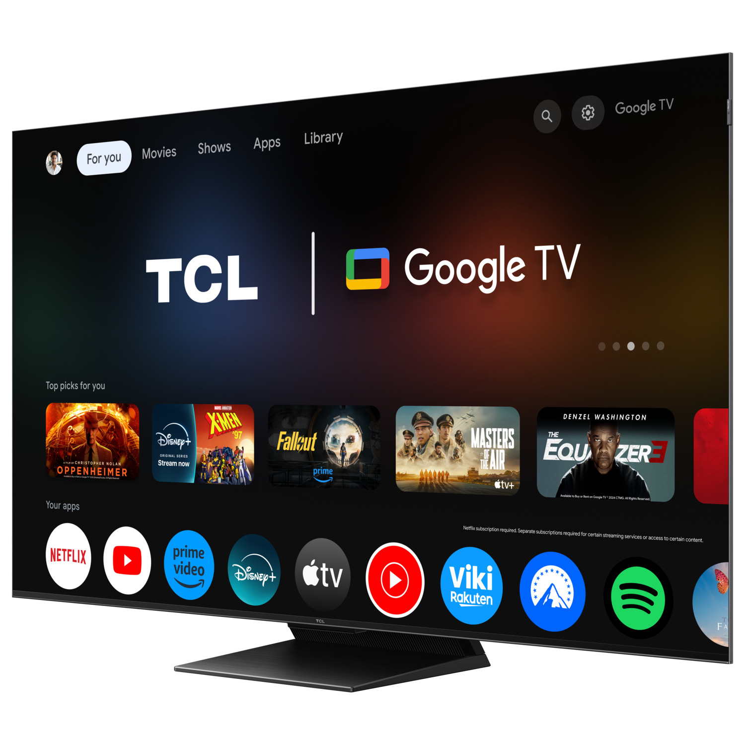 Een moderne Google TV met groot scherm toont apps en shows. Het scherm toont een Google TV-interface met app-pictogrammen.