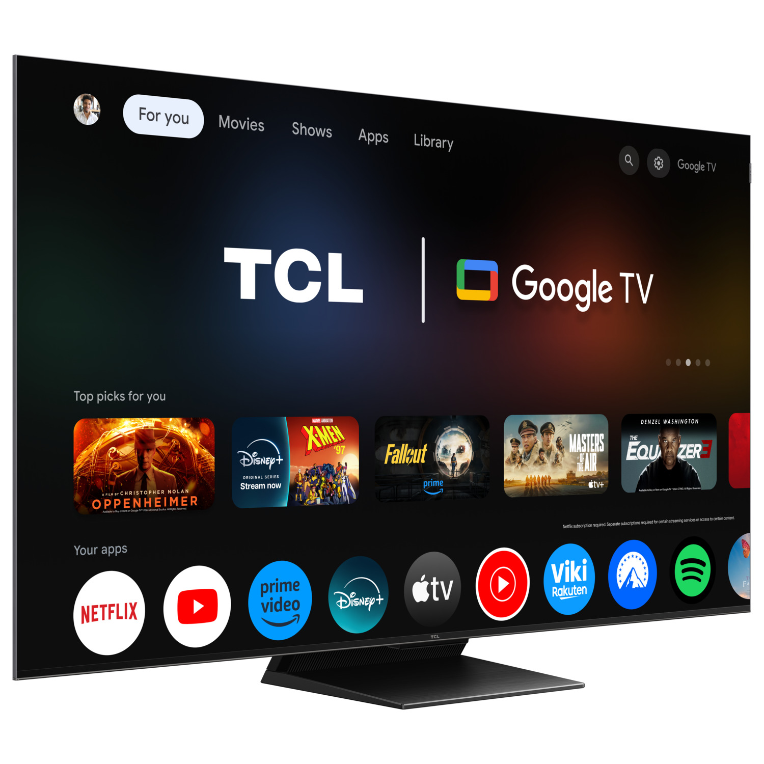 Een zwart scherm met de Google TV-interface.