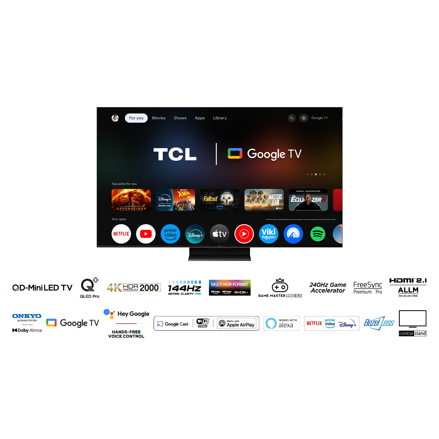 Een TCL Google TV met apps en functies weergegeven op het scherm.