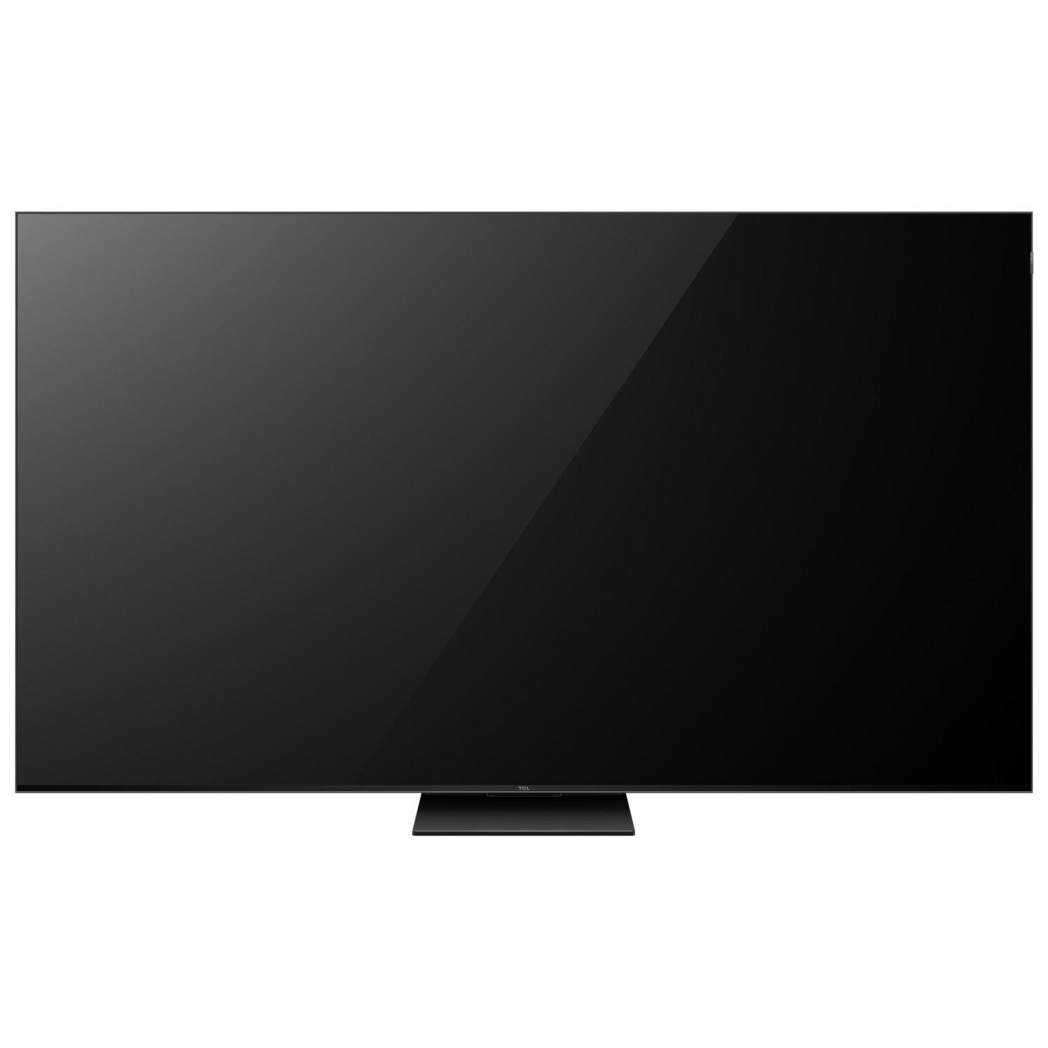 Un grand téléviseur TCL noir est posé sur un support, isolé sur fond blanc.