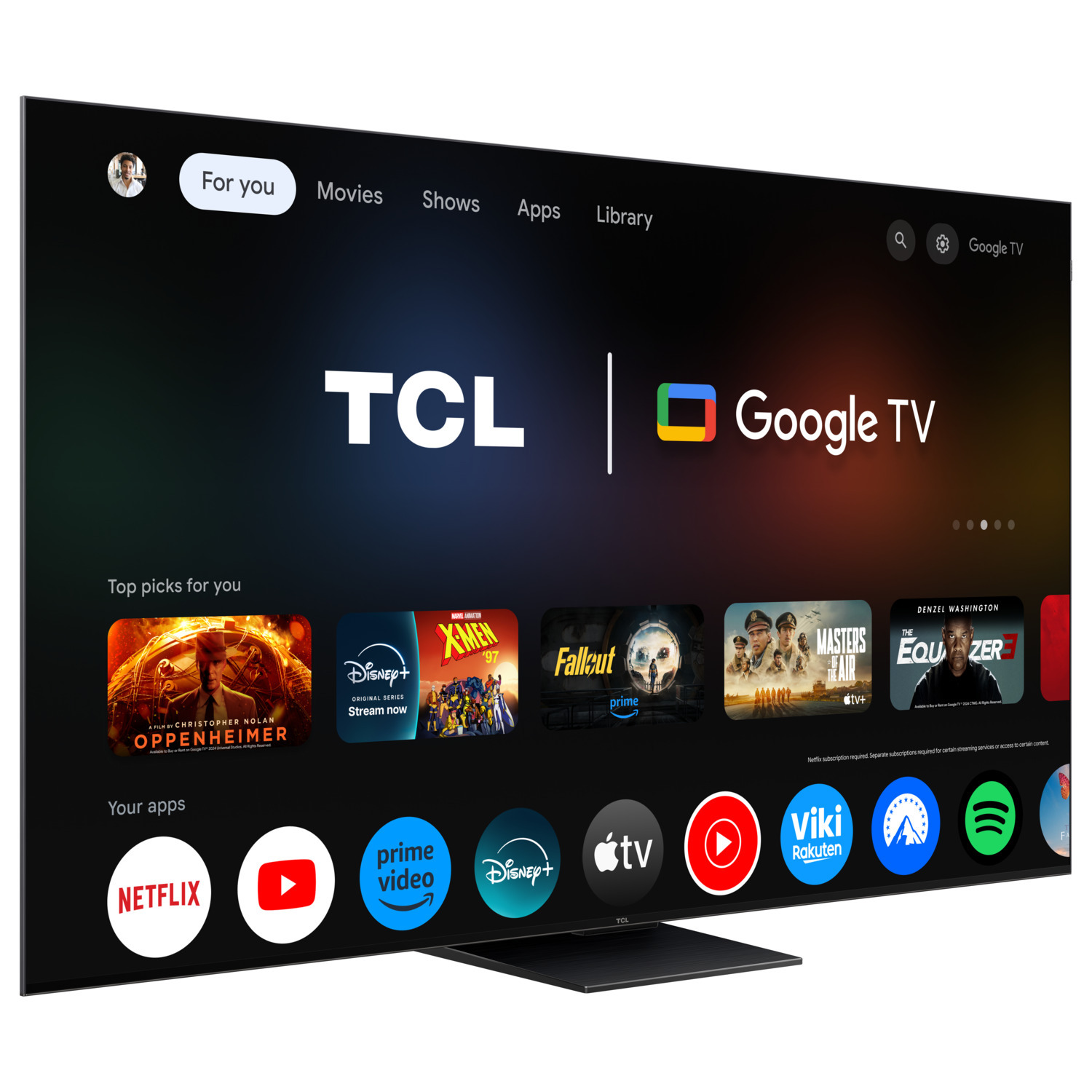 Grand TCL Google TV avec une sélection d'applications affichées.