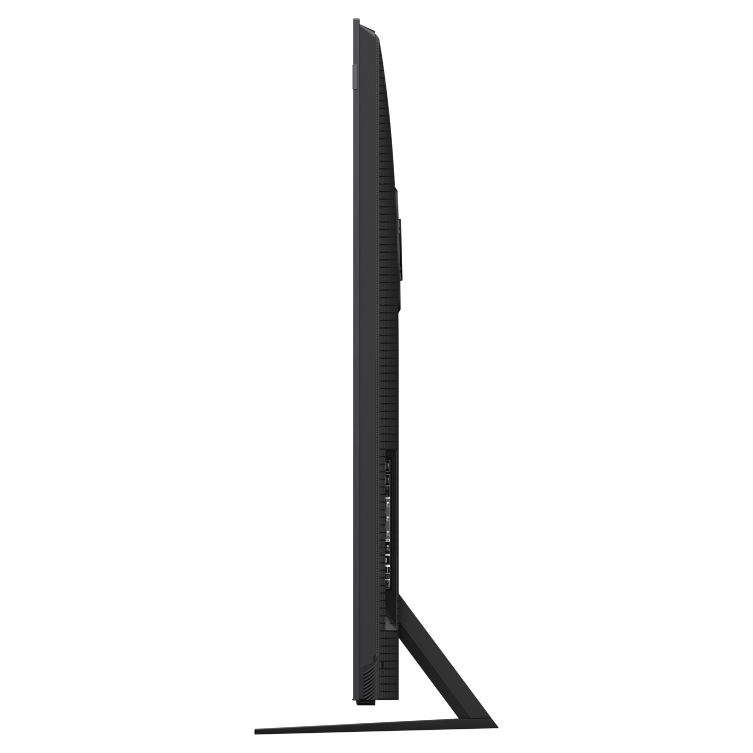 Téléviseur noir, vue latérale, avec un design fin et un support.