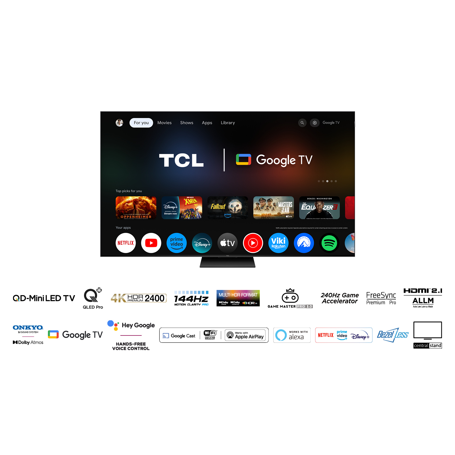 TCL Google TV avec logos divers, dont Netflix, Disney+. Pied noir, fond blanc.