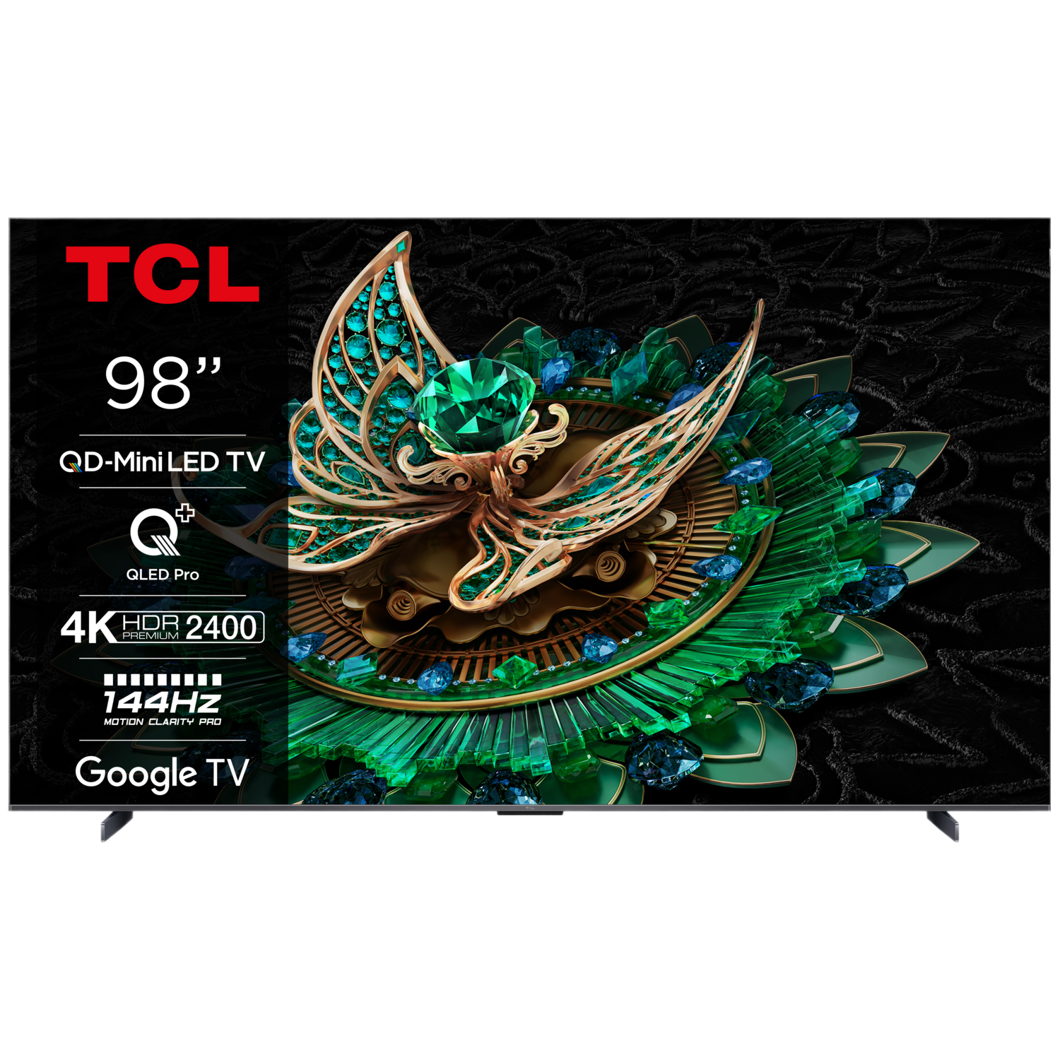 Un grand téléviseur TCL de 98" avec un design décoratif vert et or sur l'écran.