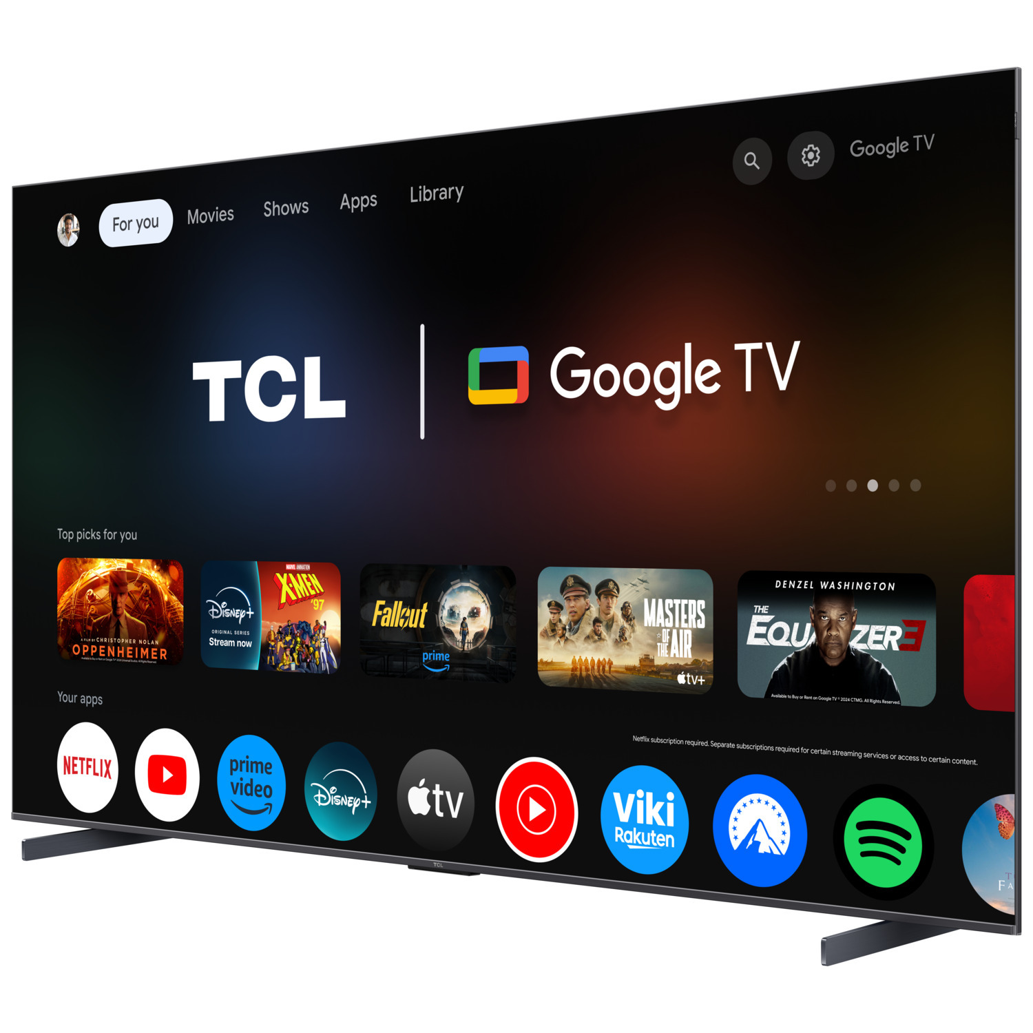 Un grand téléviseur TCL Google avec un écran affichant des applications et des films.