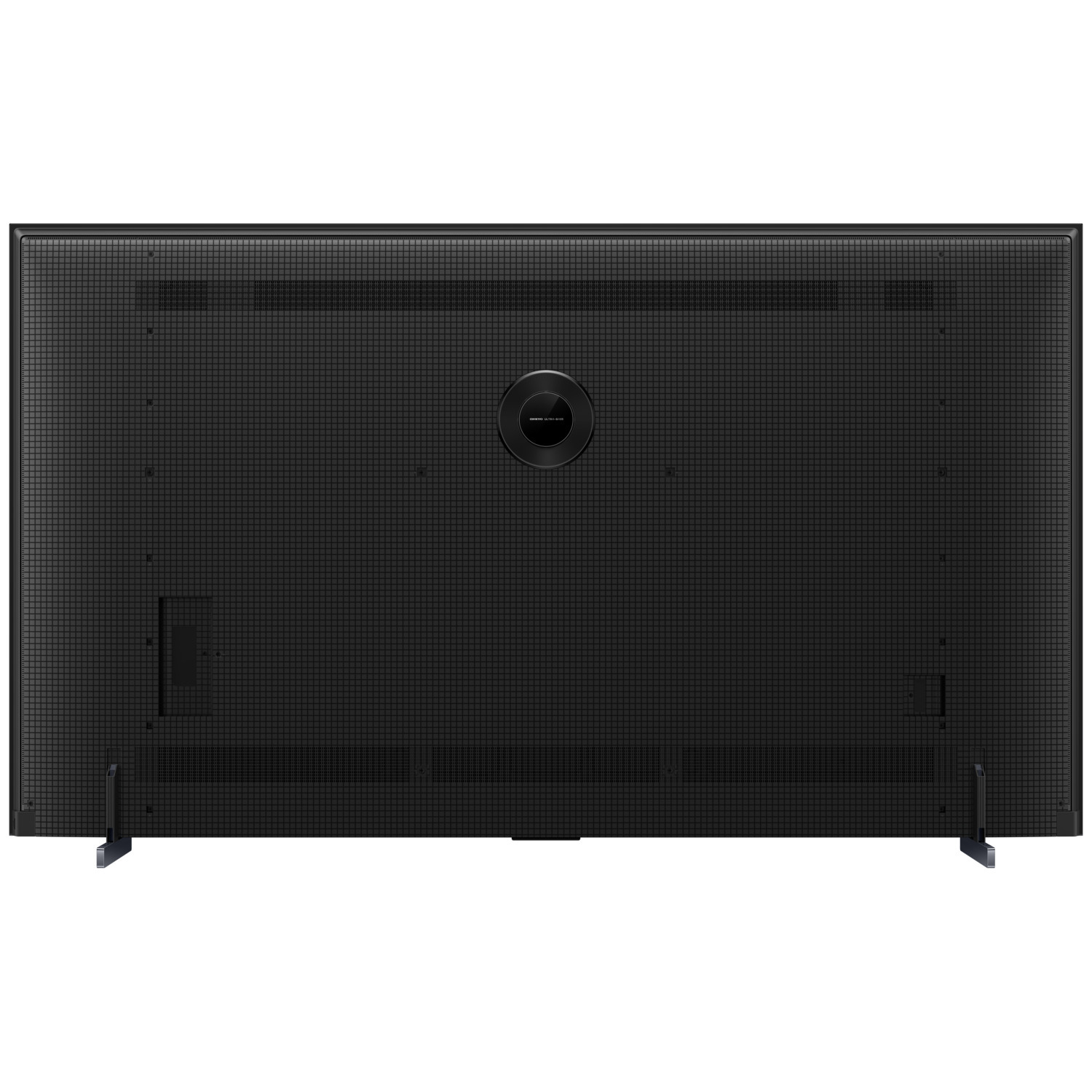 Vue arrière d'un grand téléviseur noir avec pied. Le panneau arrière est noir, avec des ports et un logo.