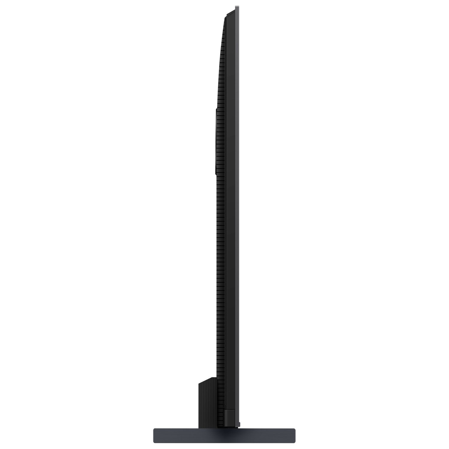 Vue latérale d'une télévision noire, profil fin, avec un pied. L'écran est éteint.