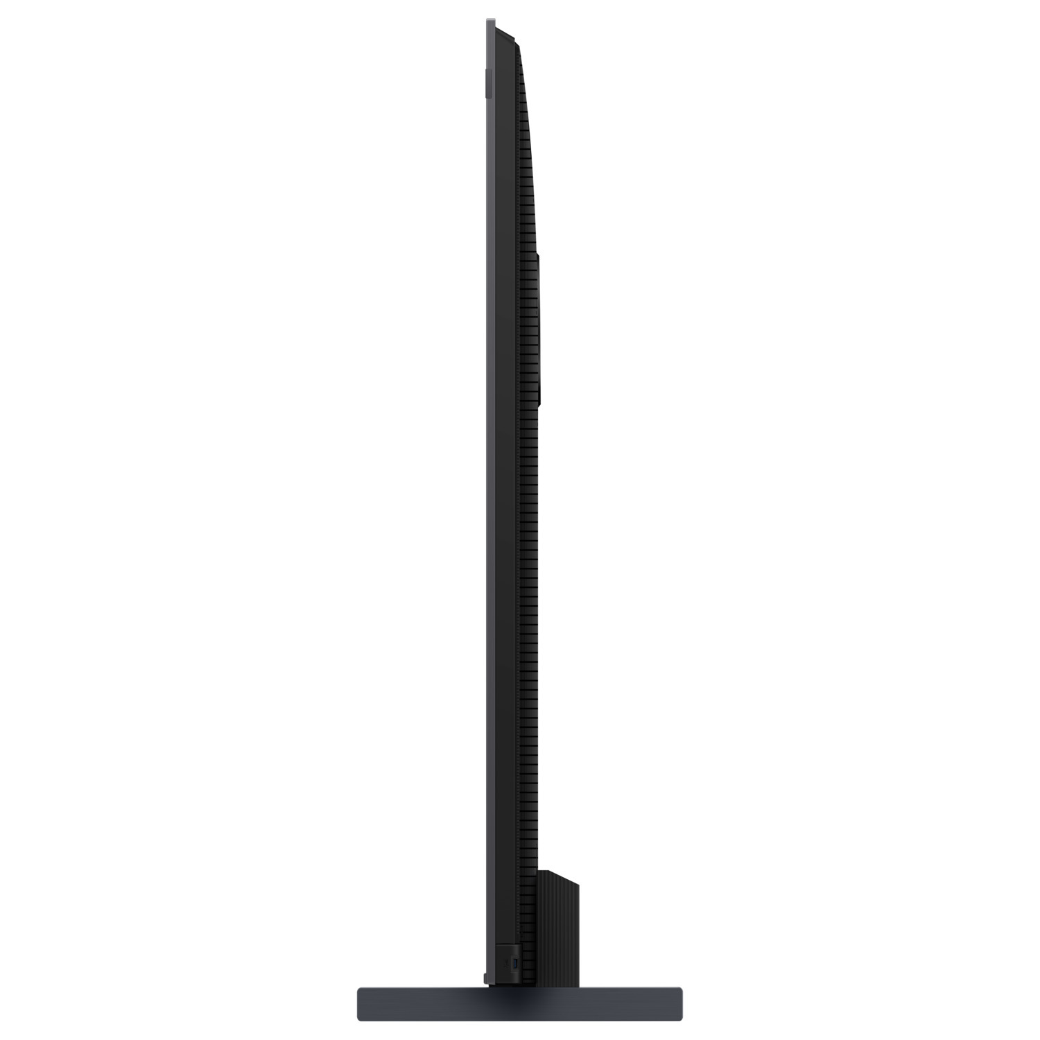 Une vue latérale d'une télévision noire avec un support, sur fond blanc.
