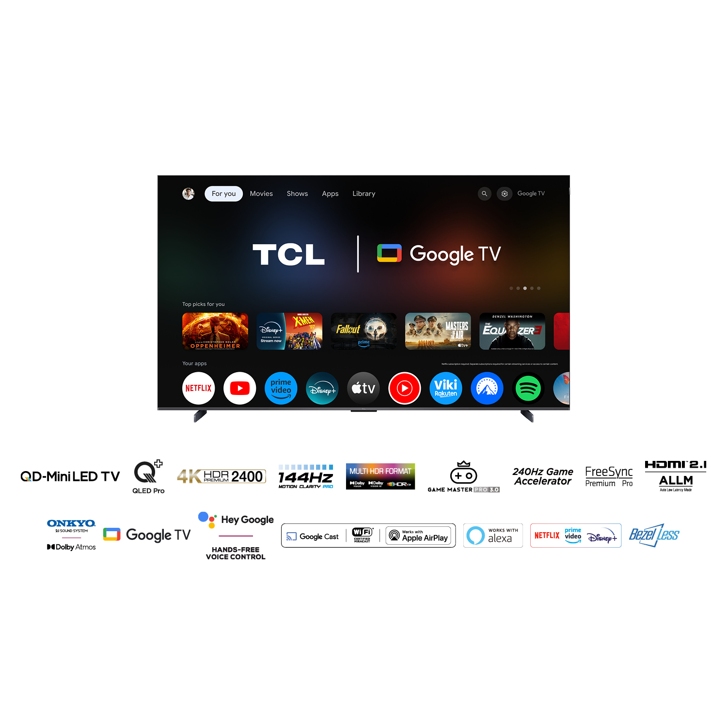 Un téléviseur TCL Google est affiché avec l'interface, ainsi que des fonctionnalités et des logos.