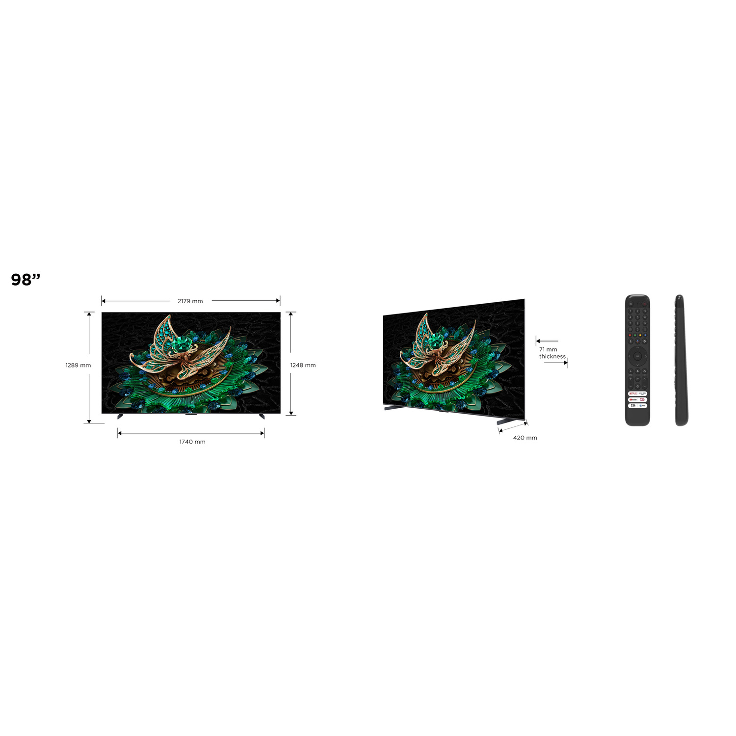TV de 98 pouces avec un motif floral à l'écran. Télécommande à droite. Dimensions indiquées.