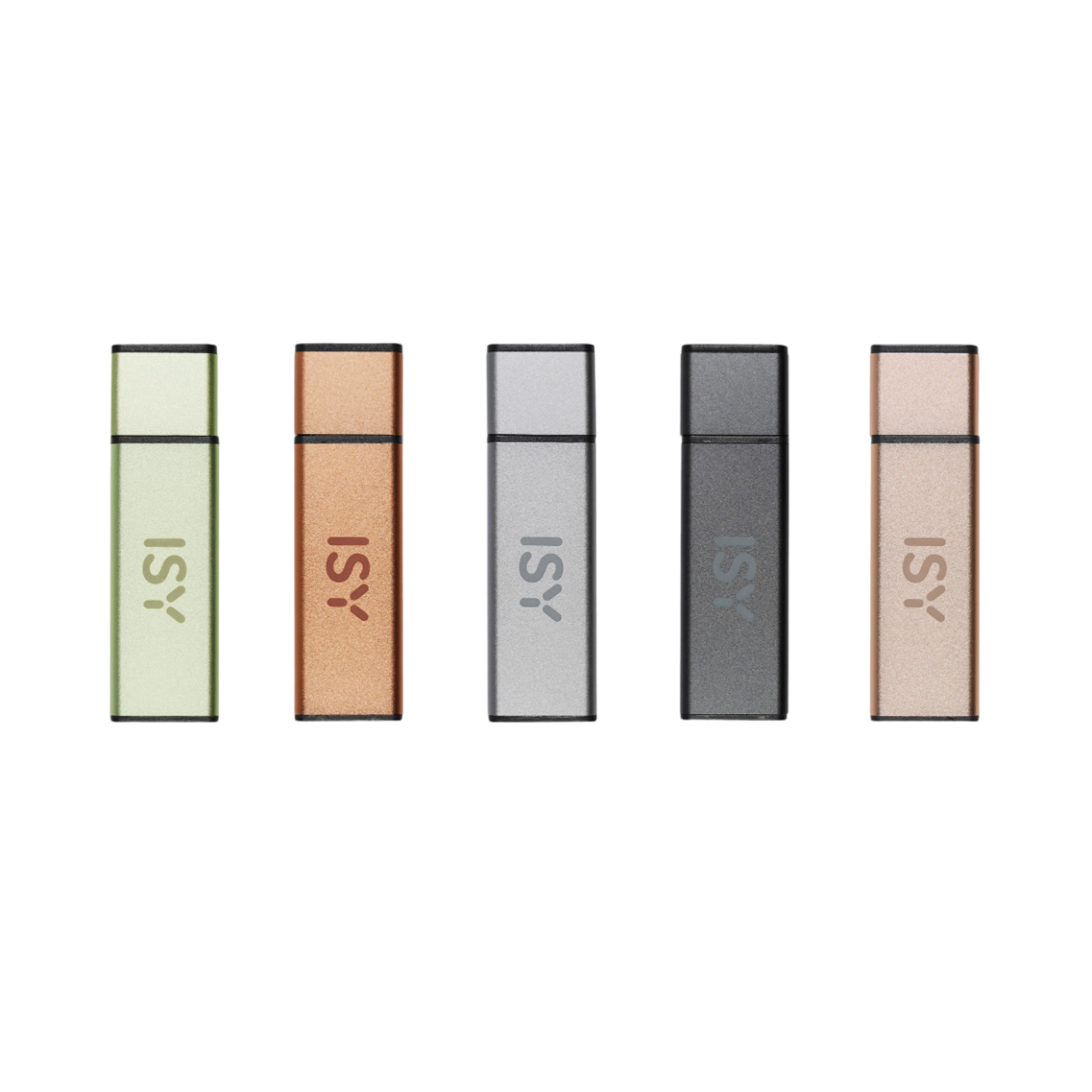 Vijf USB-sticks in verschillende kleuren: groen, brons, zilver, donkergrijs en roségoud.