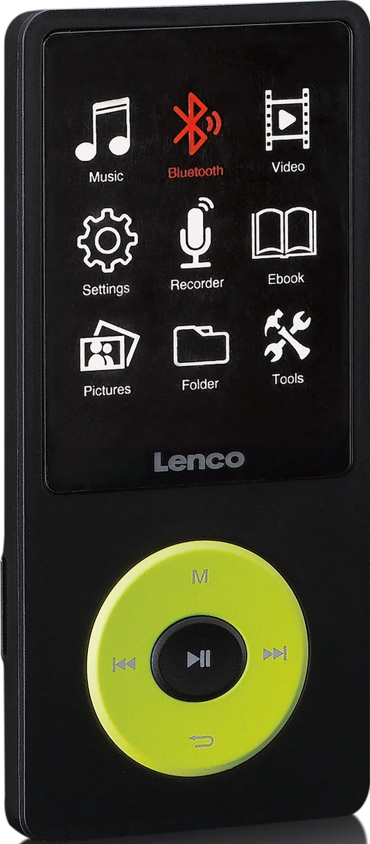Lettore MP3 Lenco nero con pulsante circolare verde e varie icone sullo schermo.