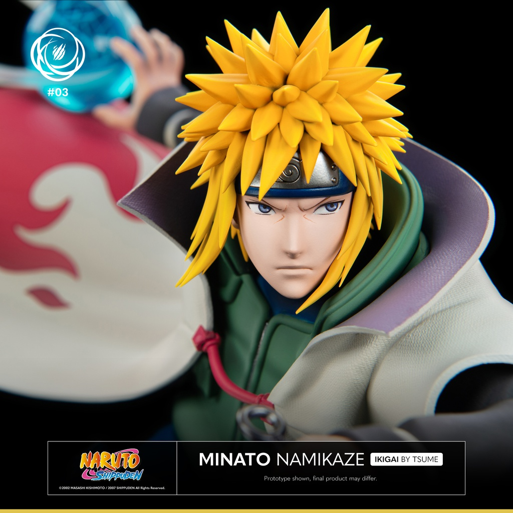 Minato Namikaze Anime-Figur. Gelbes Haar, blaue Augen, entschlossen.