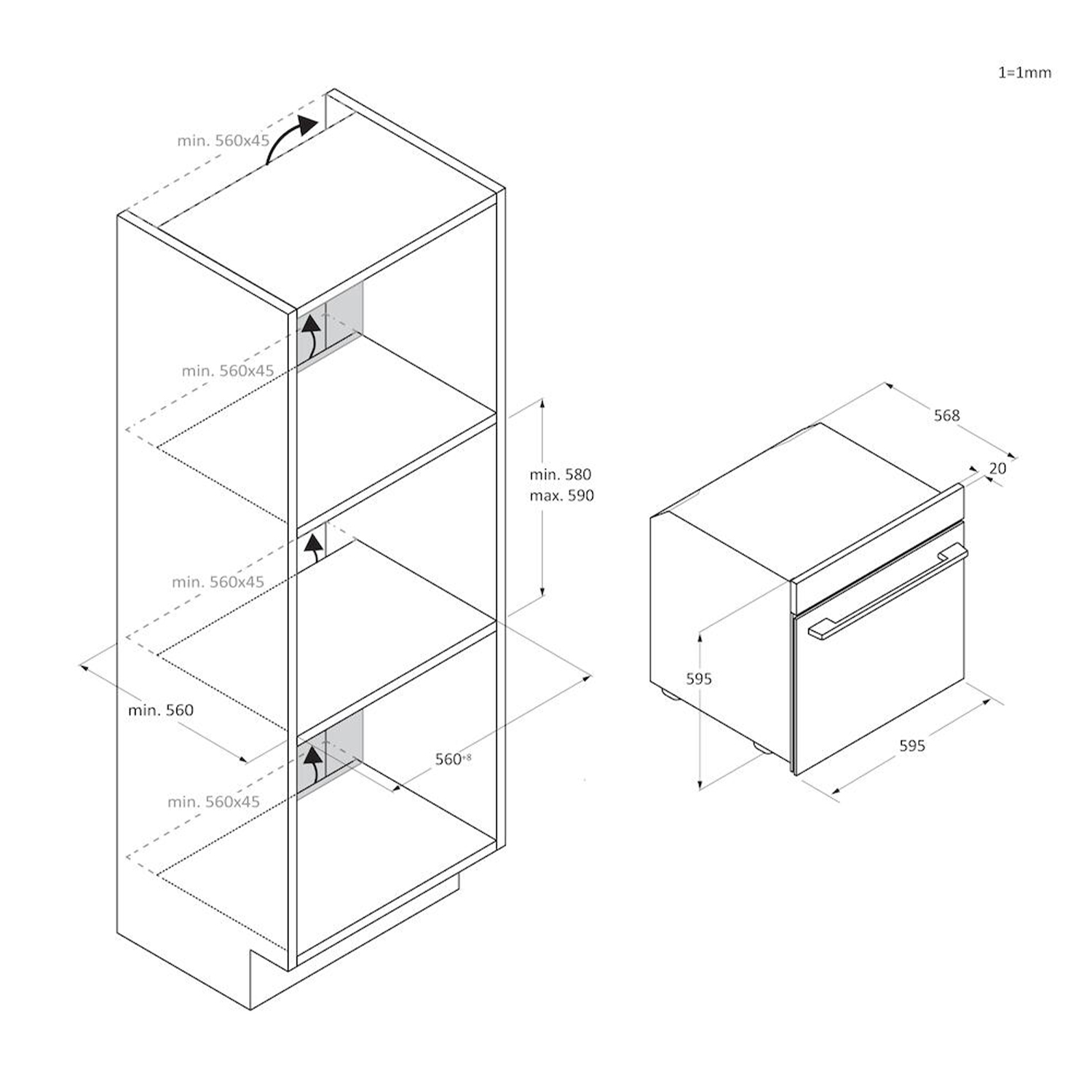 Diagramma di un armadio con ripiani e un forno, annotato con dimensioni in mm.
