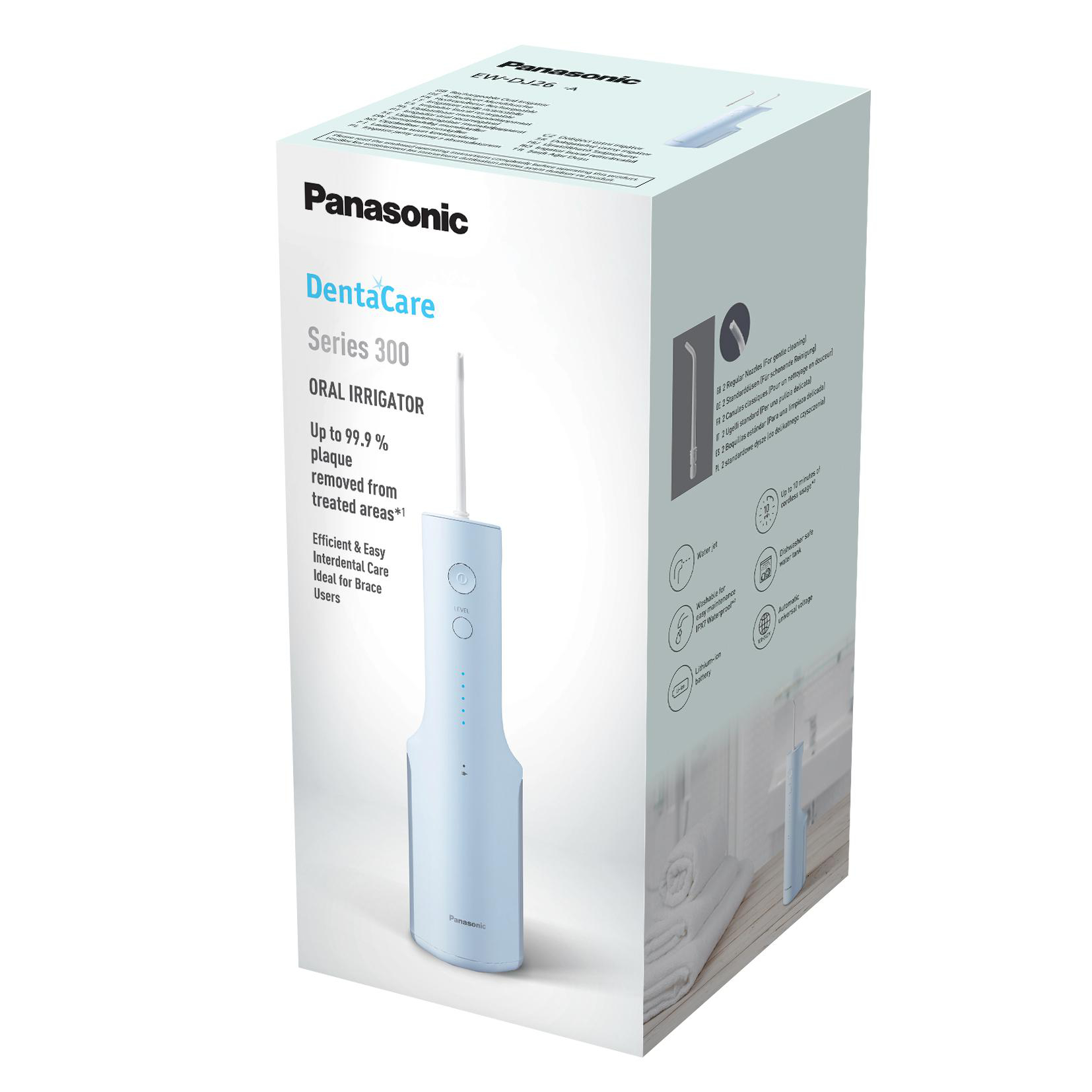 Ein Panasonic DentaCare Series 300 Munddusche in seiner Verpackung, Produkt und Details zeigend.