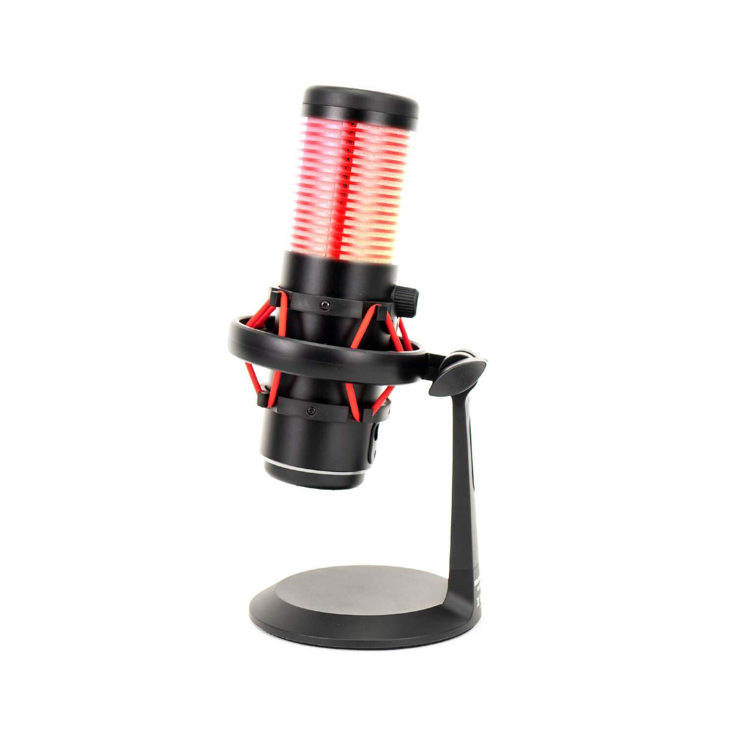 Un micrófono negro con detalles rojos, montado en un soporte negro. El micrófono se ilumina con tonos rojos.