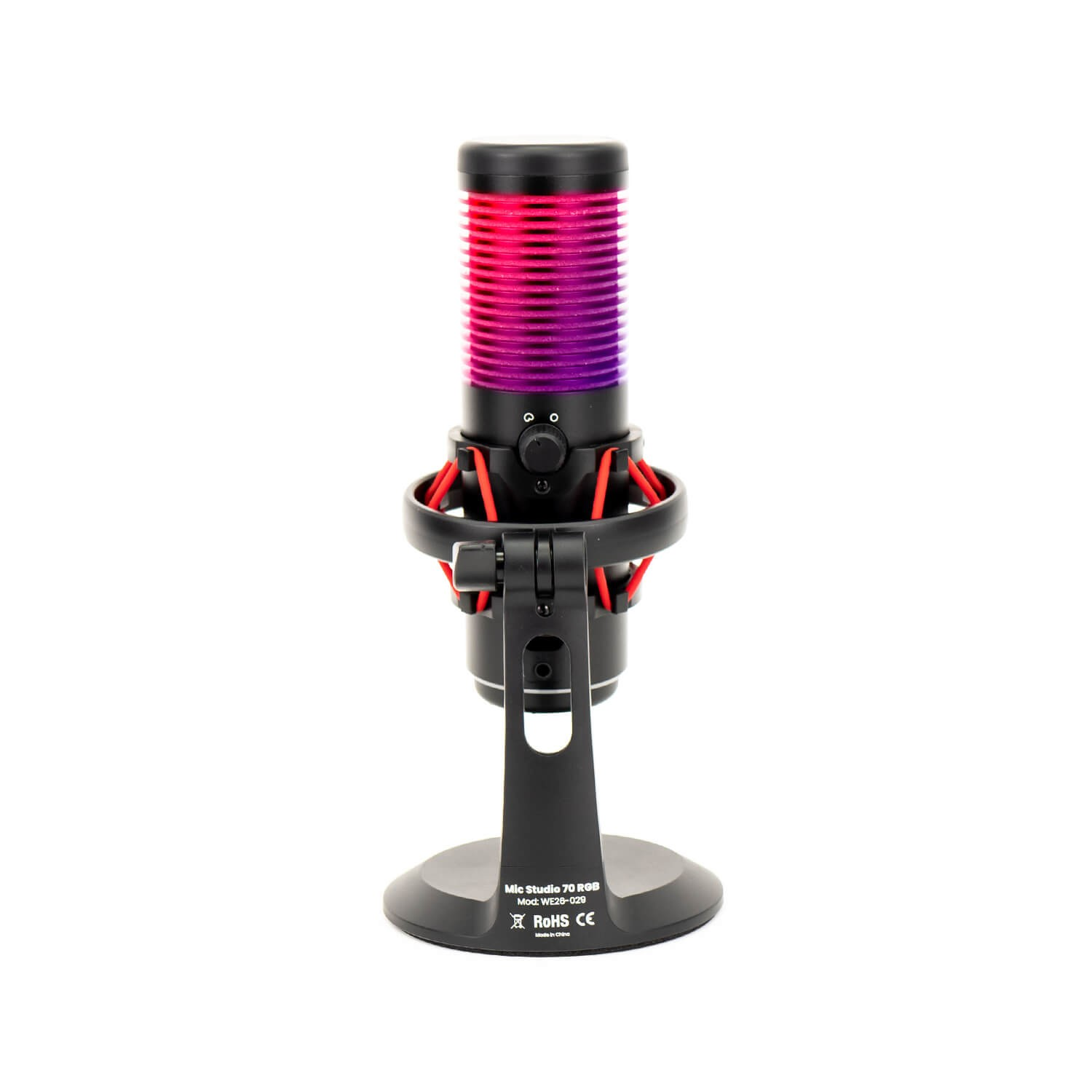Un micrófono de estudio. Tiene luces rojas y moradas y una base negra.